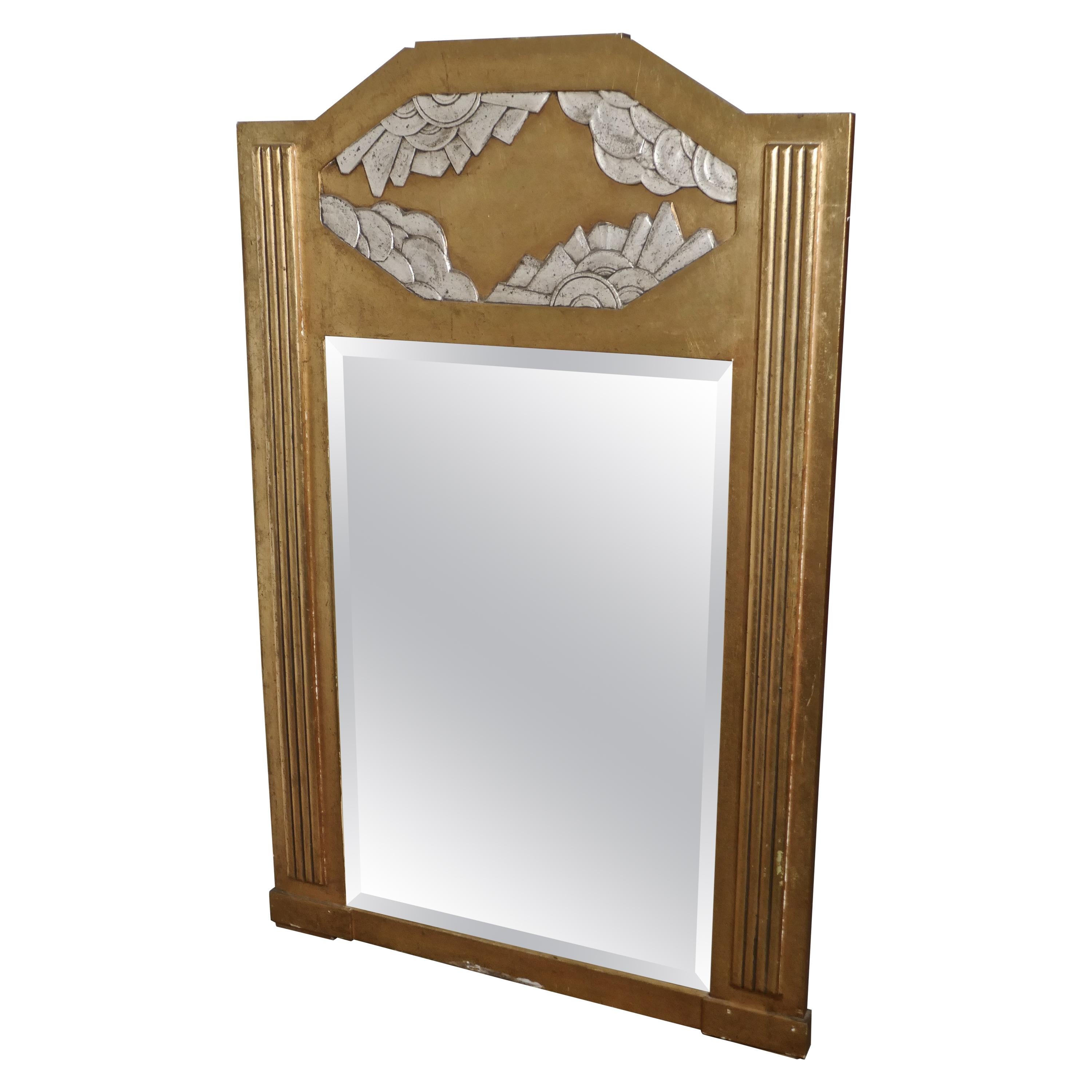 Large French Odeon Style Art Deco Gilt Wall Mirror For Sale