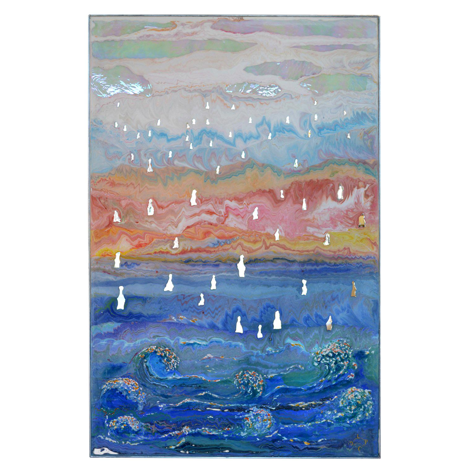 Peinture paysage, détails miroir vagues bleues scagliola relief disponible