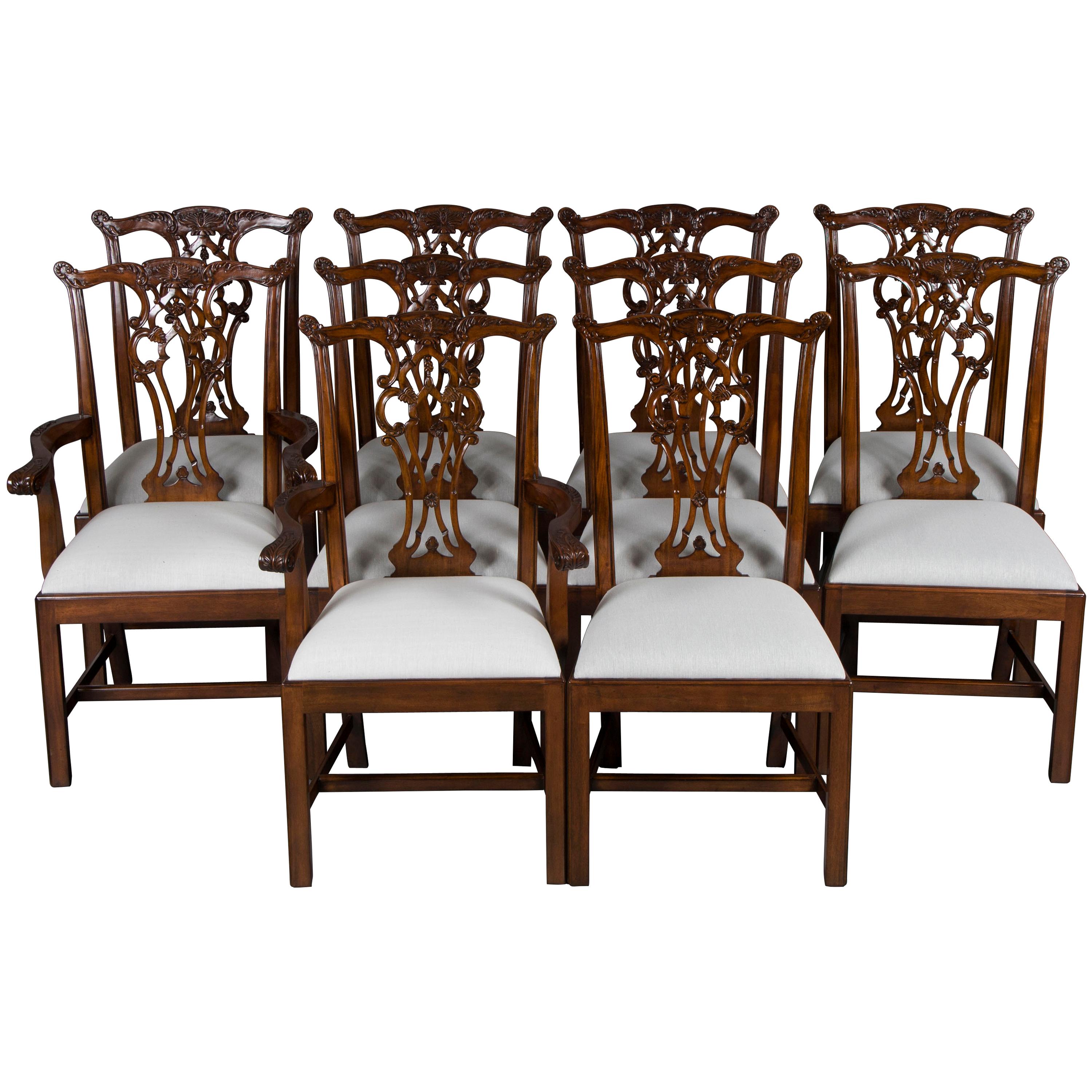 Set of Ten Carved Mahogany Chippendale Style Mahogany Dining Room Chairs