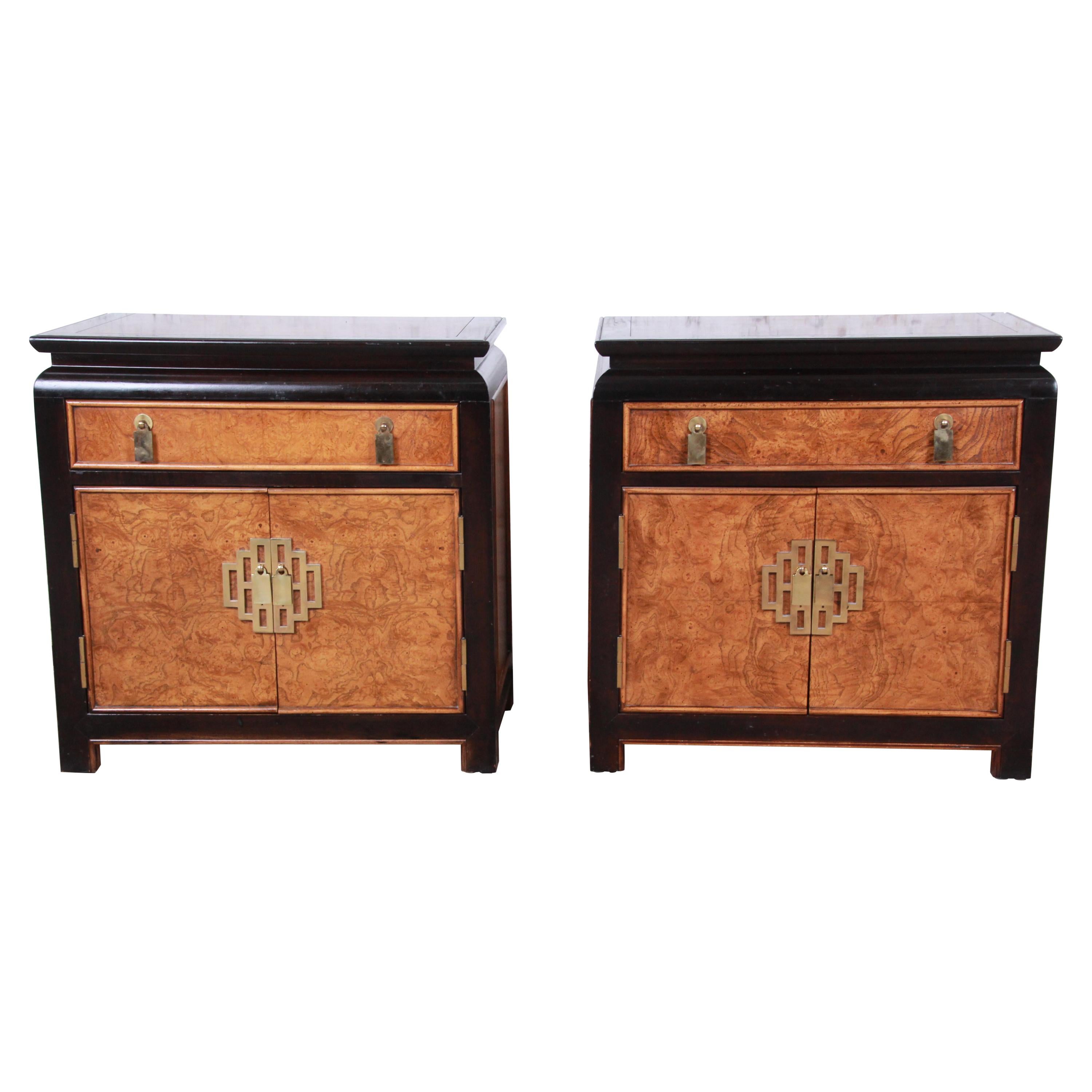 Century Furniture Black Lacquer and Burl Wood Chinoiserie Nightstands, Pair