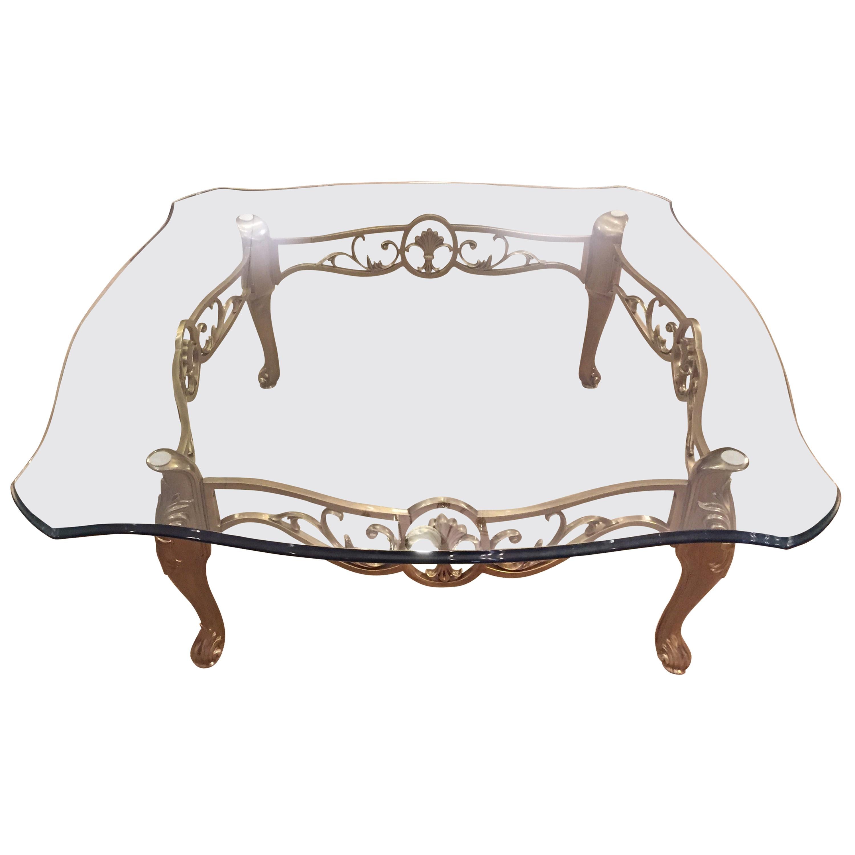 Large Glass and Satin Brass La Barge Coffee Table
