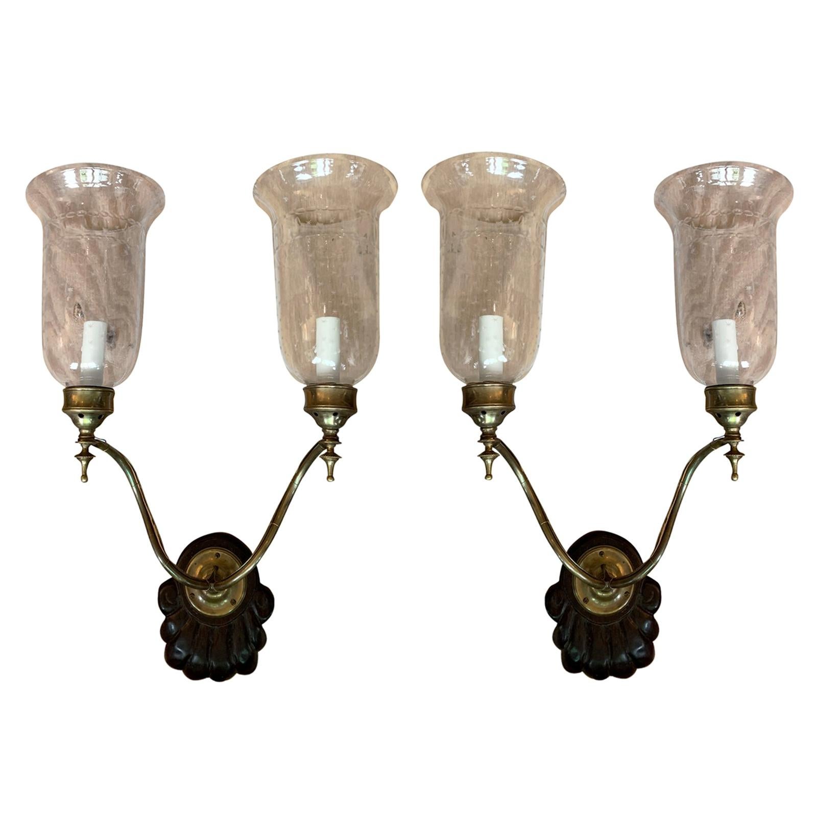 Pair 20th Century Anglo-Indian 2-Arm Shell Back Sconces, Etched Glass Hurricanes For Sale