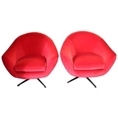 Italian Midcentury Red Coral Velvet Pair of Swivel Armchairs