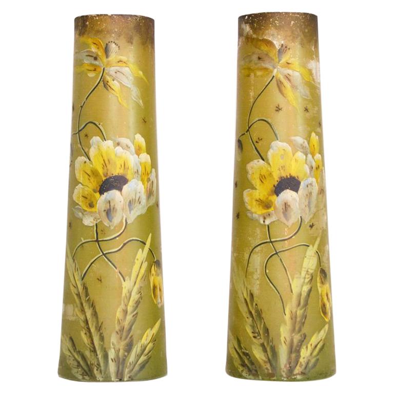 Hand Painted Art Deco Glass Vases with Floral Decoration For Sale