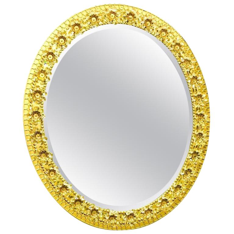 Oval Gold Plated Brass and Crystal Flowers Mirror by Palwa, circa 1960s
