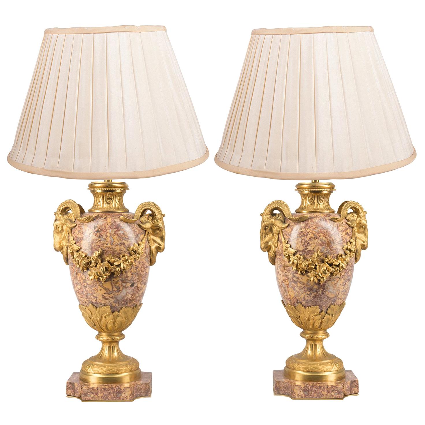 Pair Classical Louis XVI Style Marble and Ormolu Urns or Lamps, 19th Century