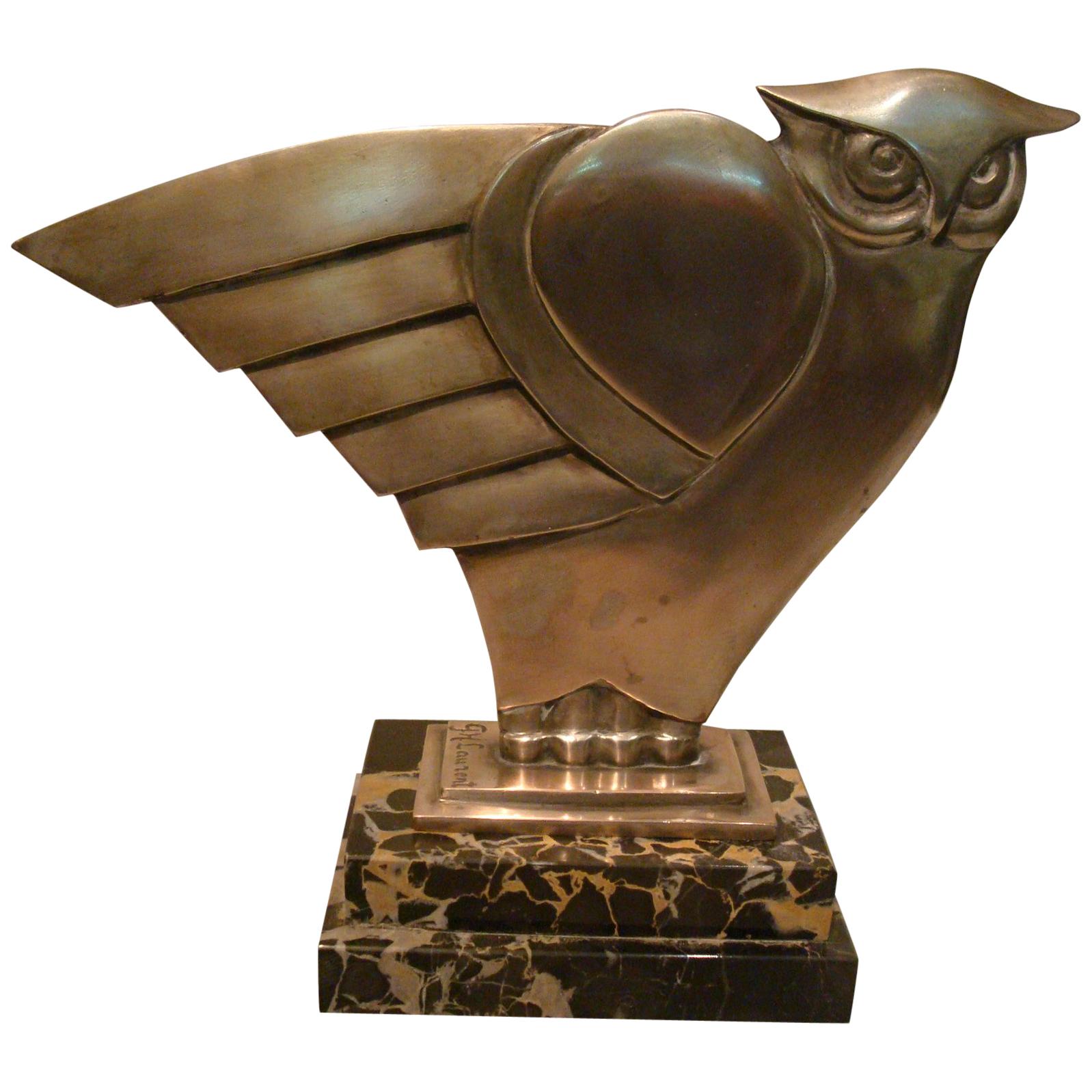 Art Deco Owl Silvered Bronze Sculpture, G.H. Laurent, France, 1930