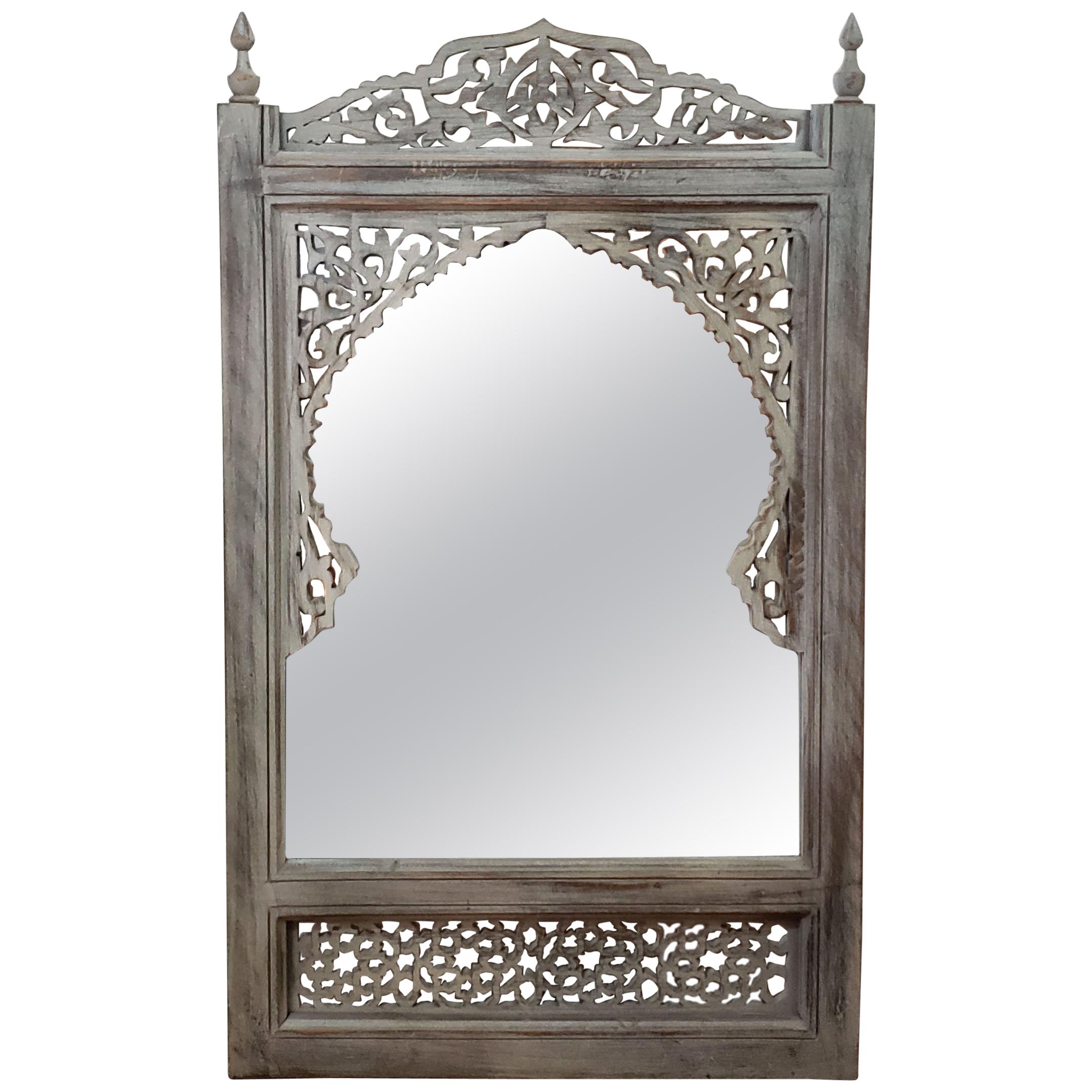 Moroccan Hand Carved Wooden Mirror, White For Sale