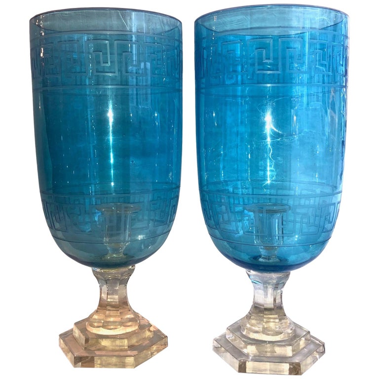 Pair of Etched Glass Hurricanes at 1stDibs