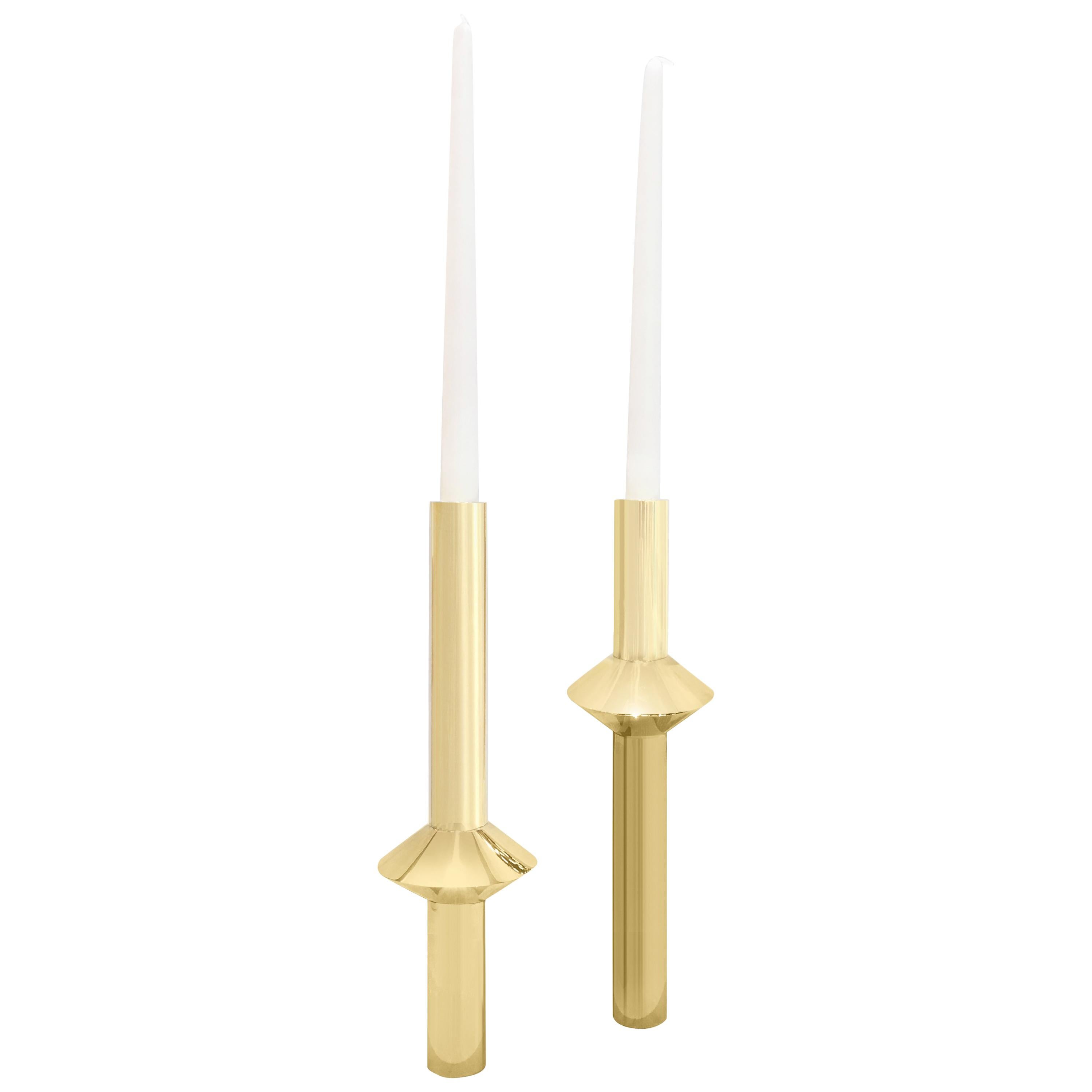 Contemporary Solid Swedish Brass Modern Minimalist Candlesticks For Sale