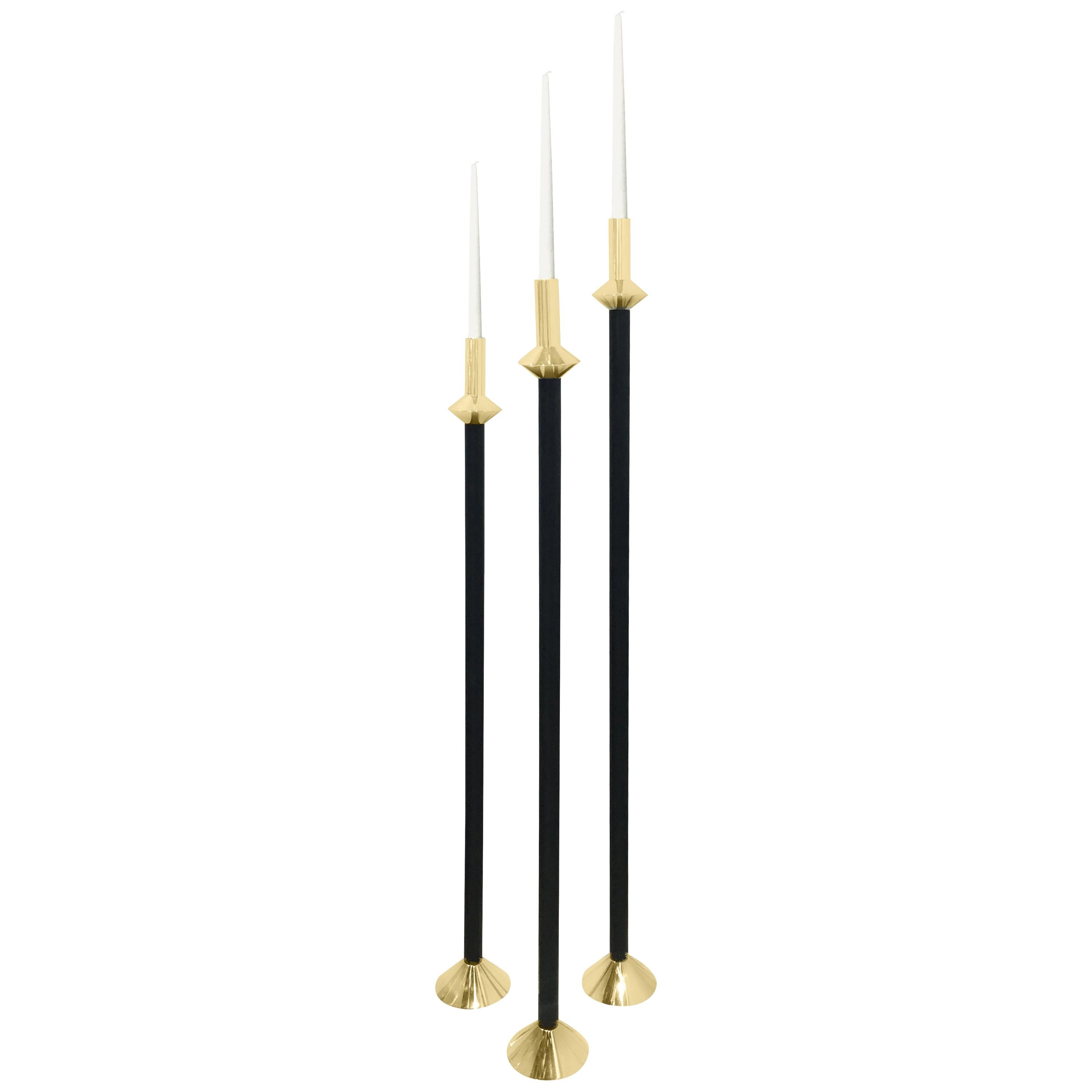 Contemporary Swedish Brass and Leather Modern Minimalist Candleholders, Small For Sale