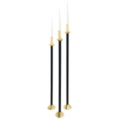 Contemporary Swedish Brass and Leather Modern Minimalist Candleholders, Small