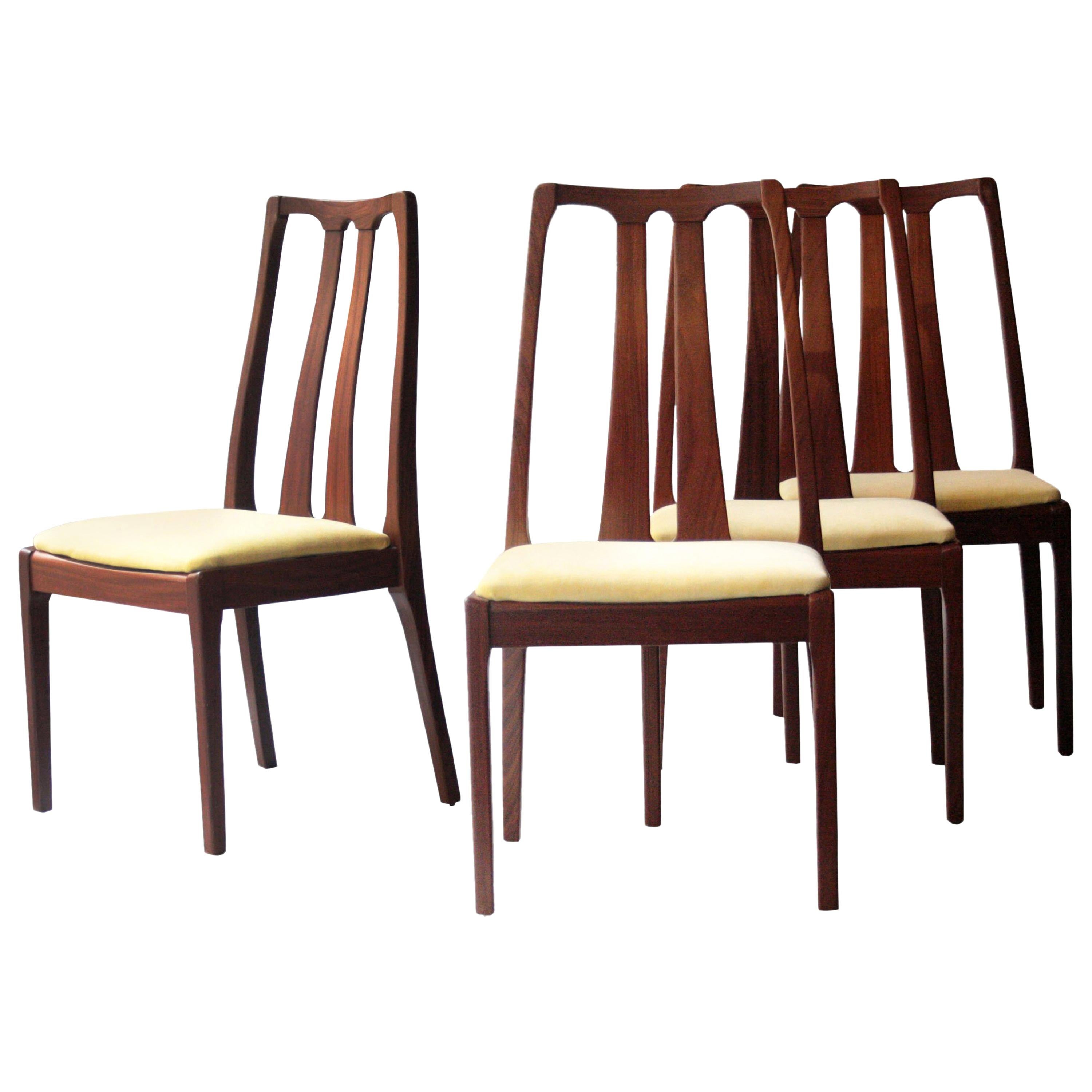 Midcentury Modern Yellow Brown Teak Set Four English Chairs, United Kingdom 1970 For Sale