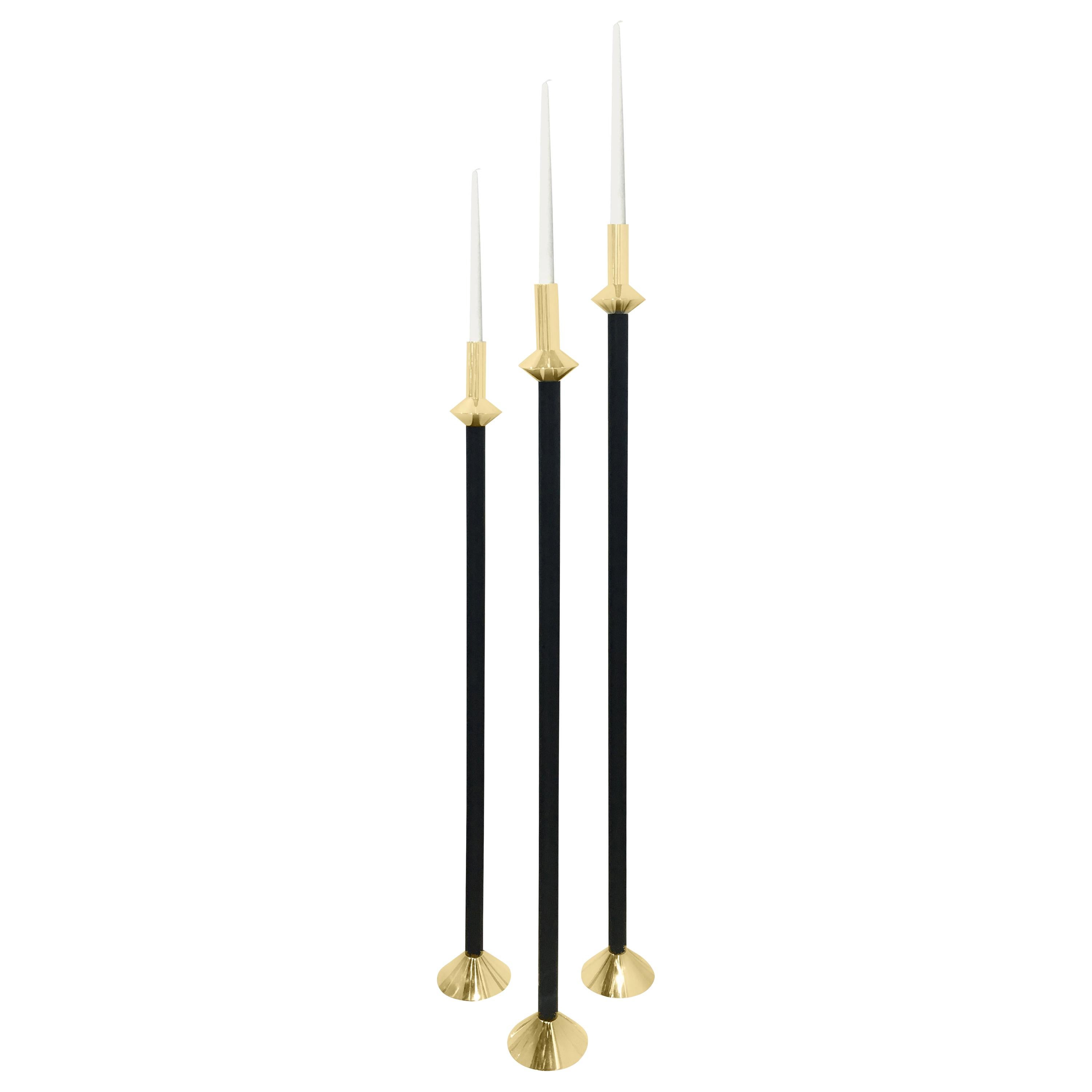 Contemporary Swedish Brass and Leather Modern Minimalist Candleholders, Large For Sale