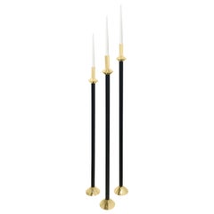 Contemporary Swedish Brass and Leather Modern Minimalist Candleholders, Large
