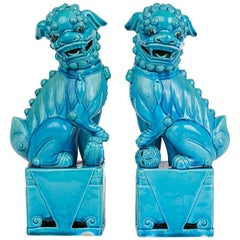 Pair of Chinese Turquoise Ceramic Dogs of Foo 20th Century