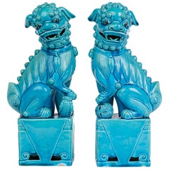 Antique Pair of Chinese Turquoise Ceramic Dogs of Foo 20th Century