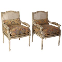 Pair of Vintage Shaped Cane Back Louis XVI-Style Fauteuil Armchairs