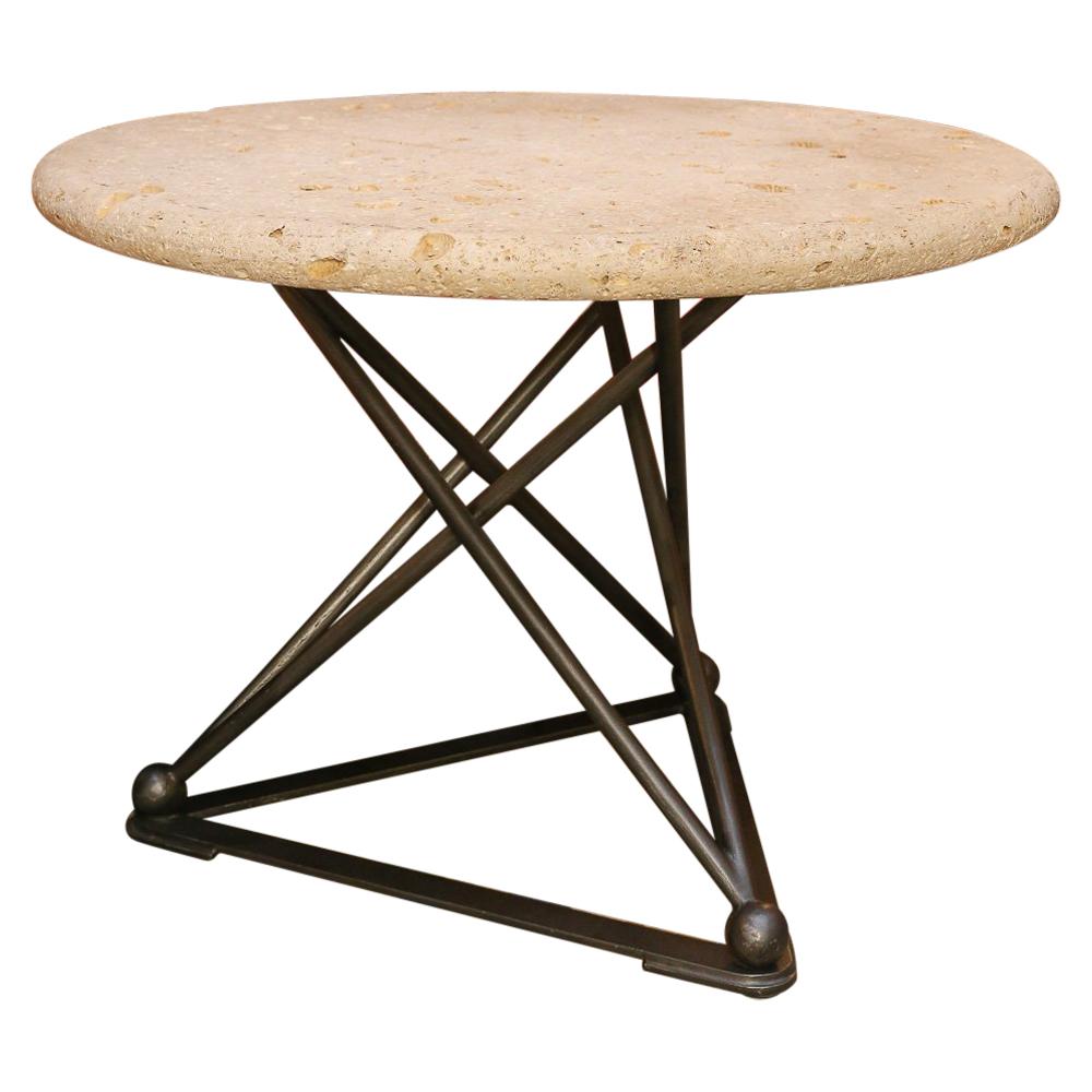 Tripod Nickel Finish Steel Base with Round Fossil Stone Top For Sale