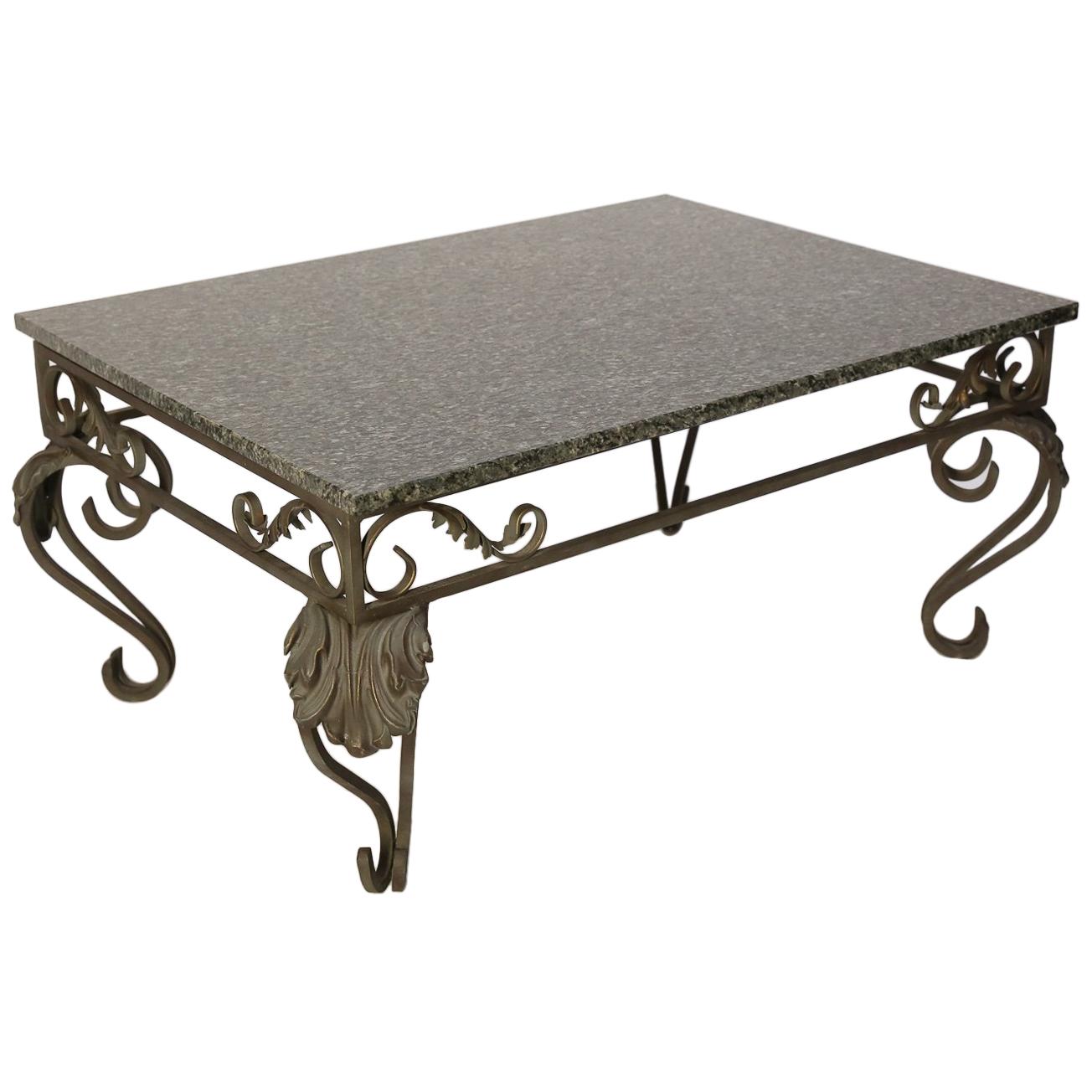 Wrought Iron Cocktail Table Base with Green and Black Granite Top For Sale