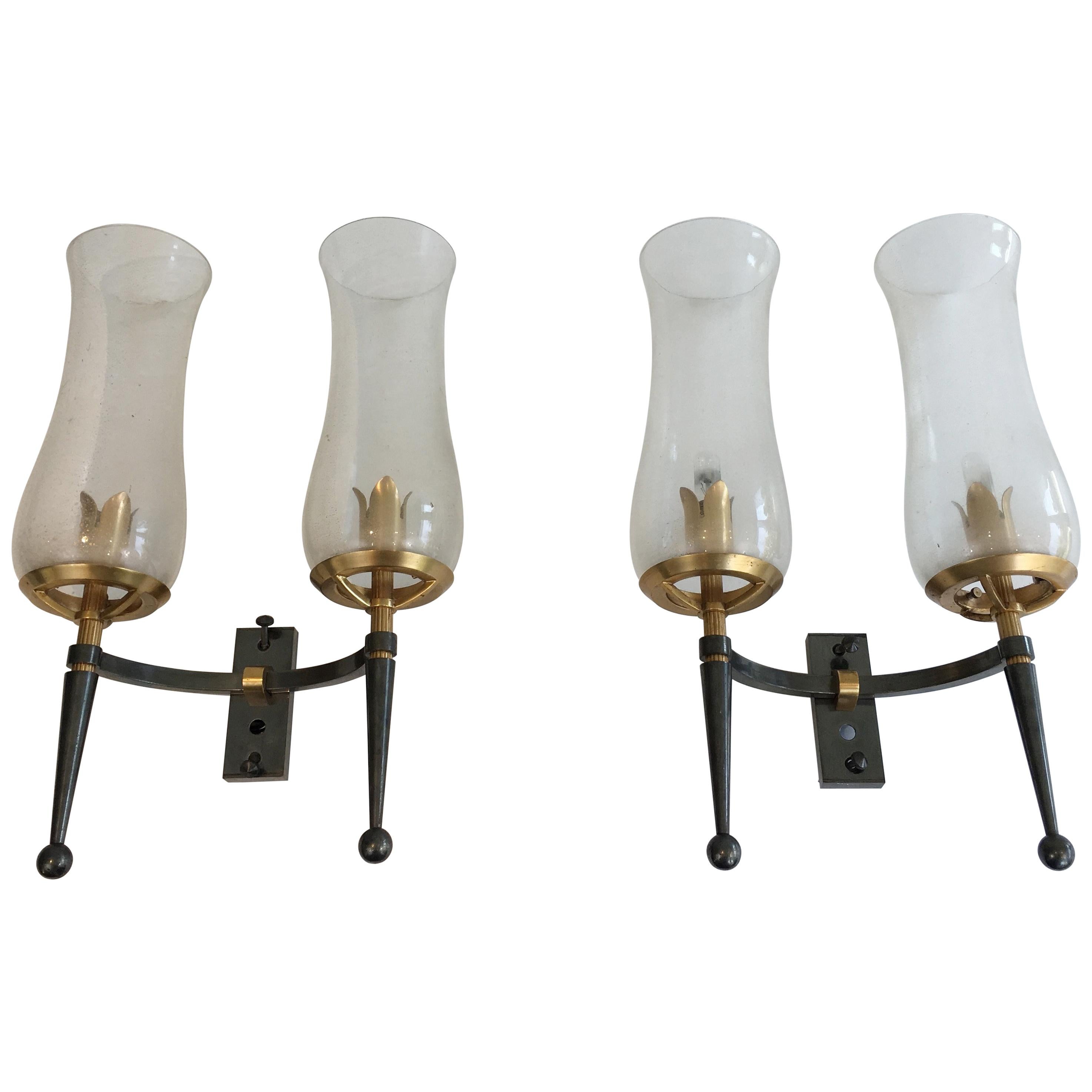 Pair of Gun Metal Steel and Gilt Wall Lights with Champagne Murano Glass For Sale