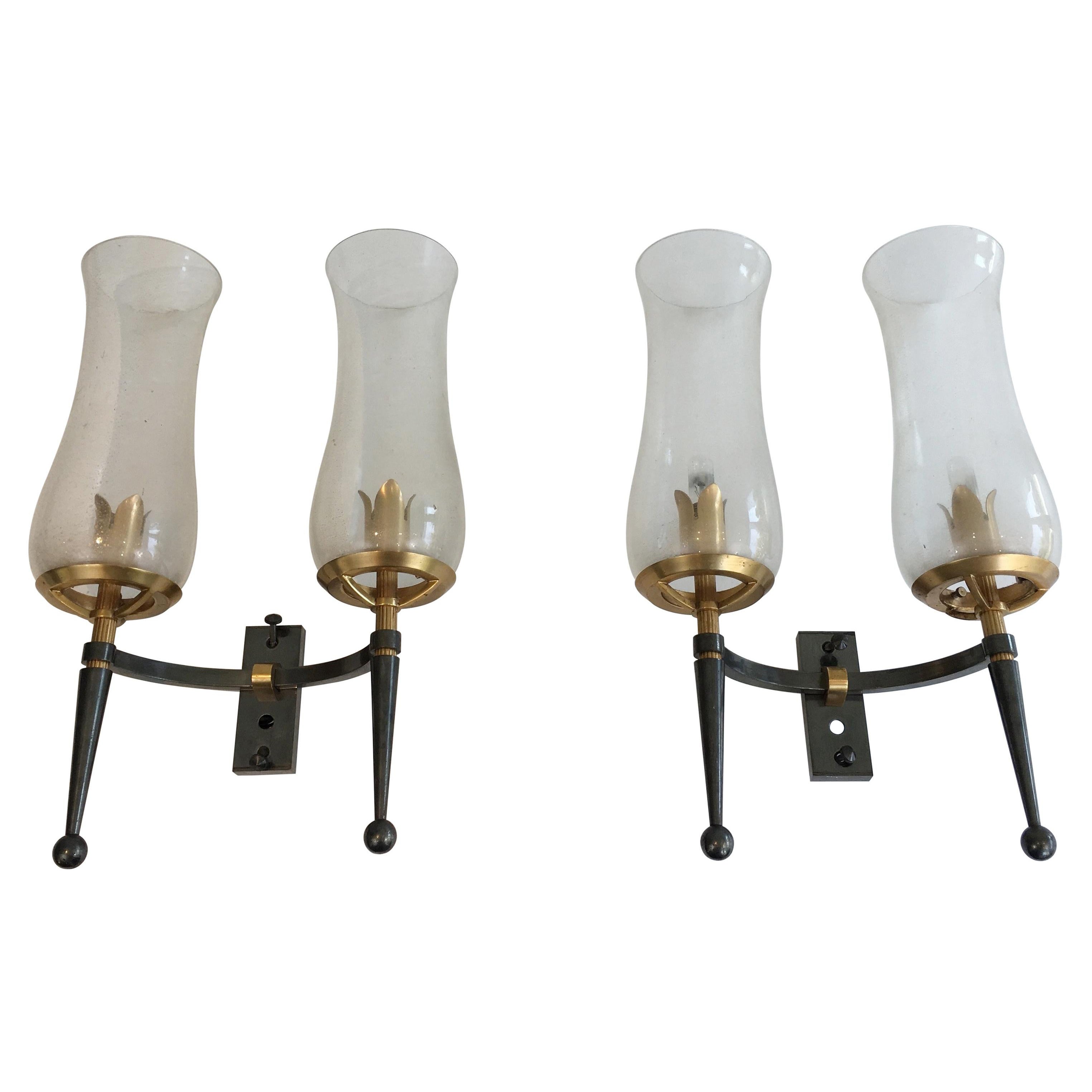 Pair of Gun Metal Steel and Gilt Wall Lights with Champagne Murano Glass