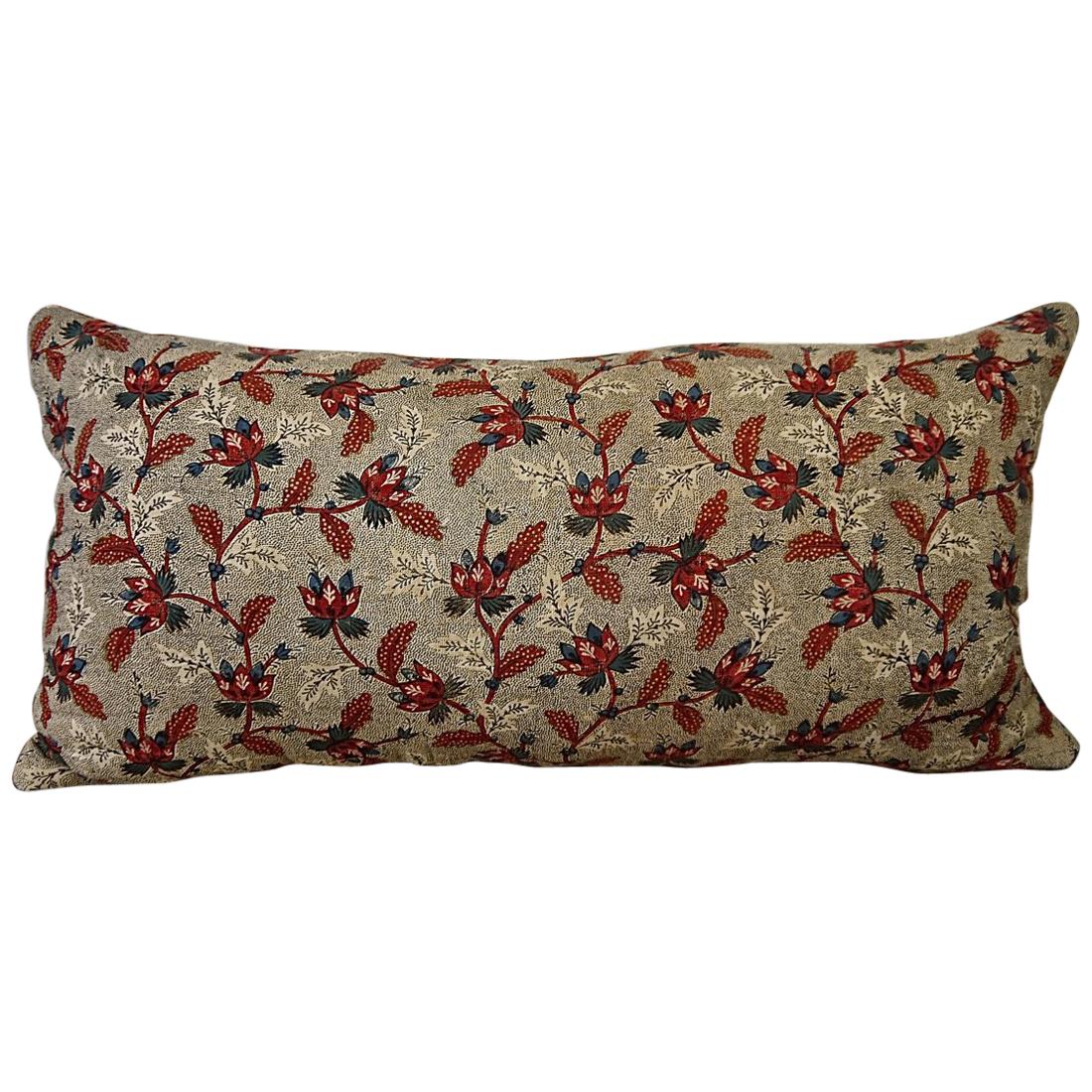 Floral Red Blue Blockprinted Pillow French, 18th Century