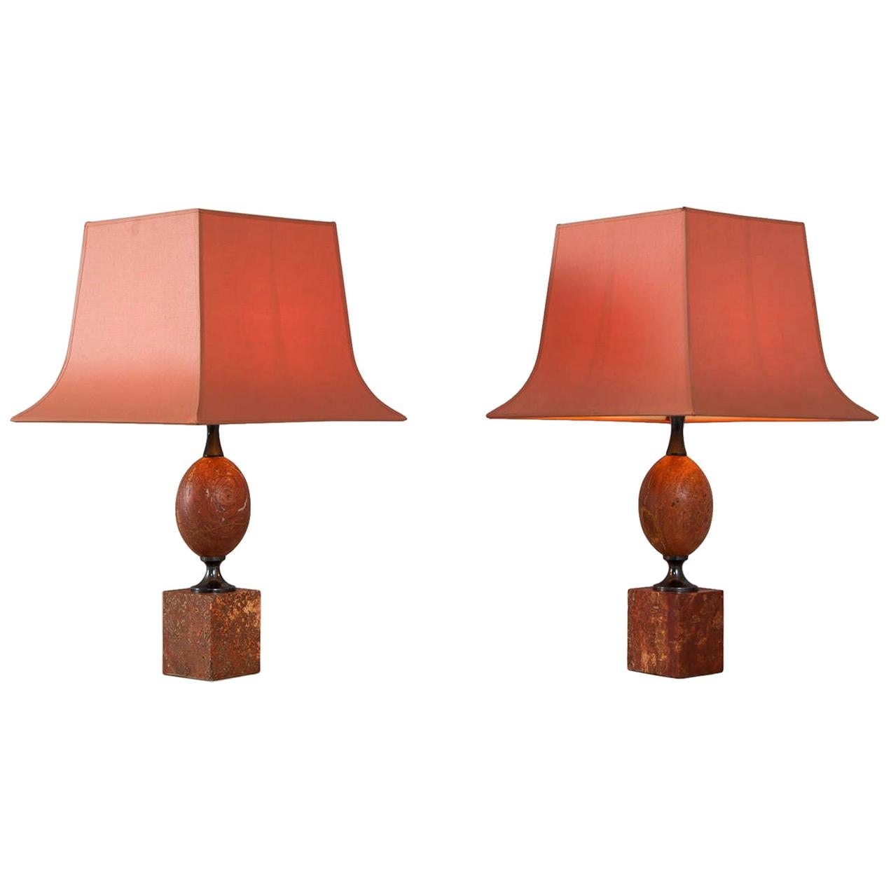 Matching Pair of Elegant Lights by Maison Barbier in Rare Red Travertine