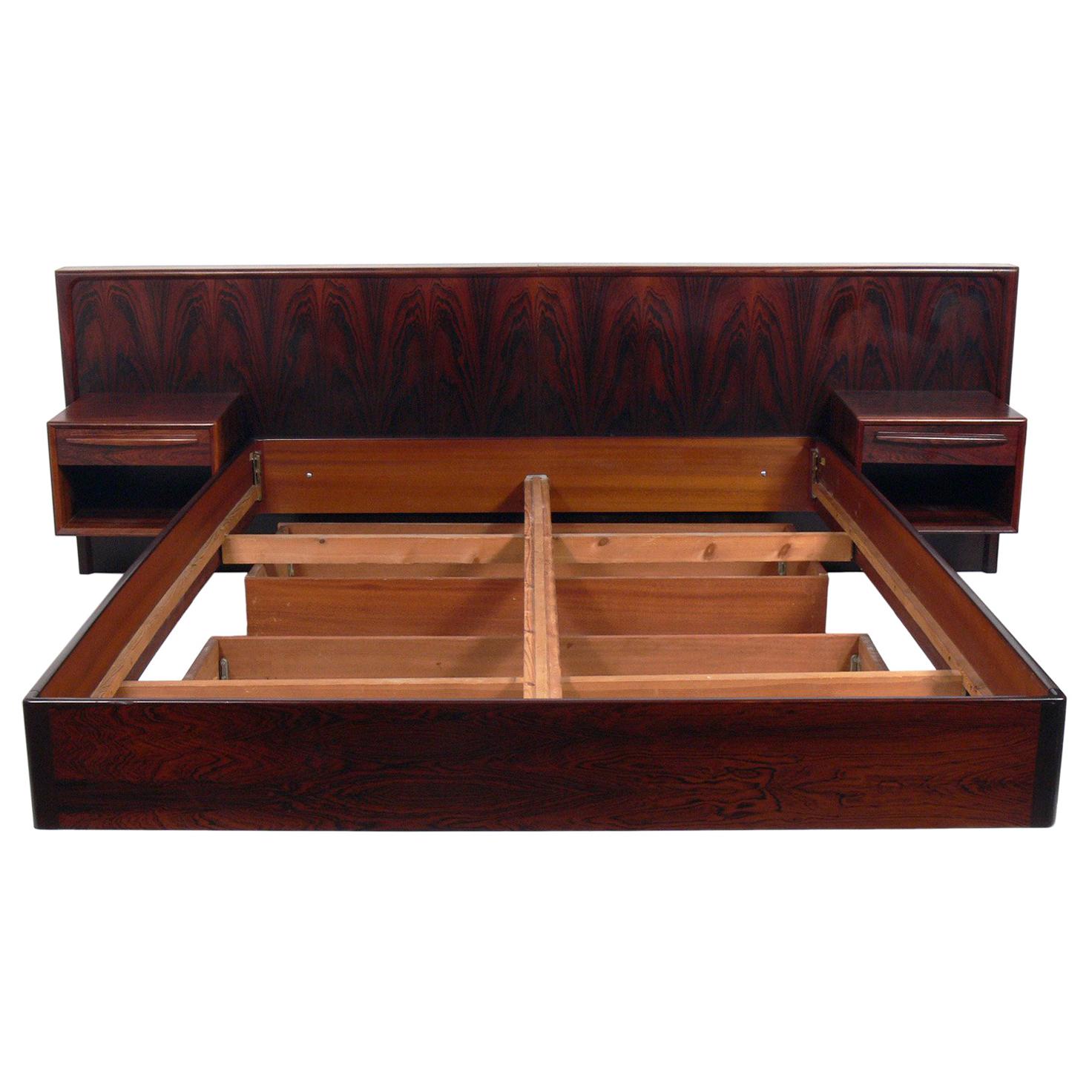 Danish Modern "Floating" Rosewood Bed with Integrated Nightstands
