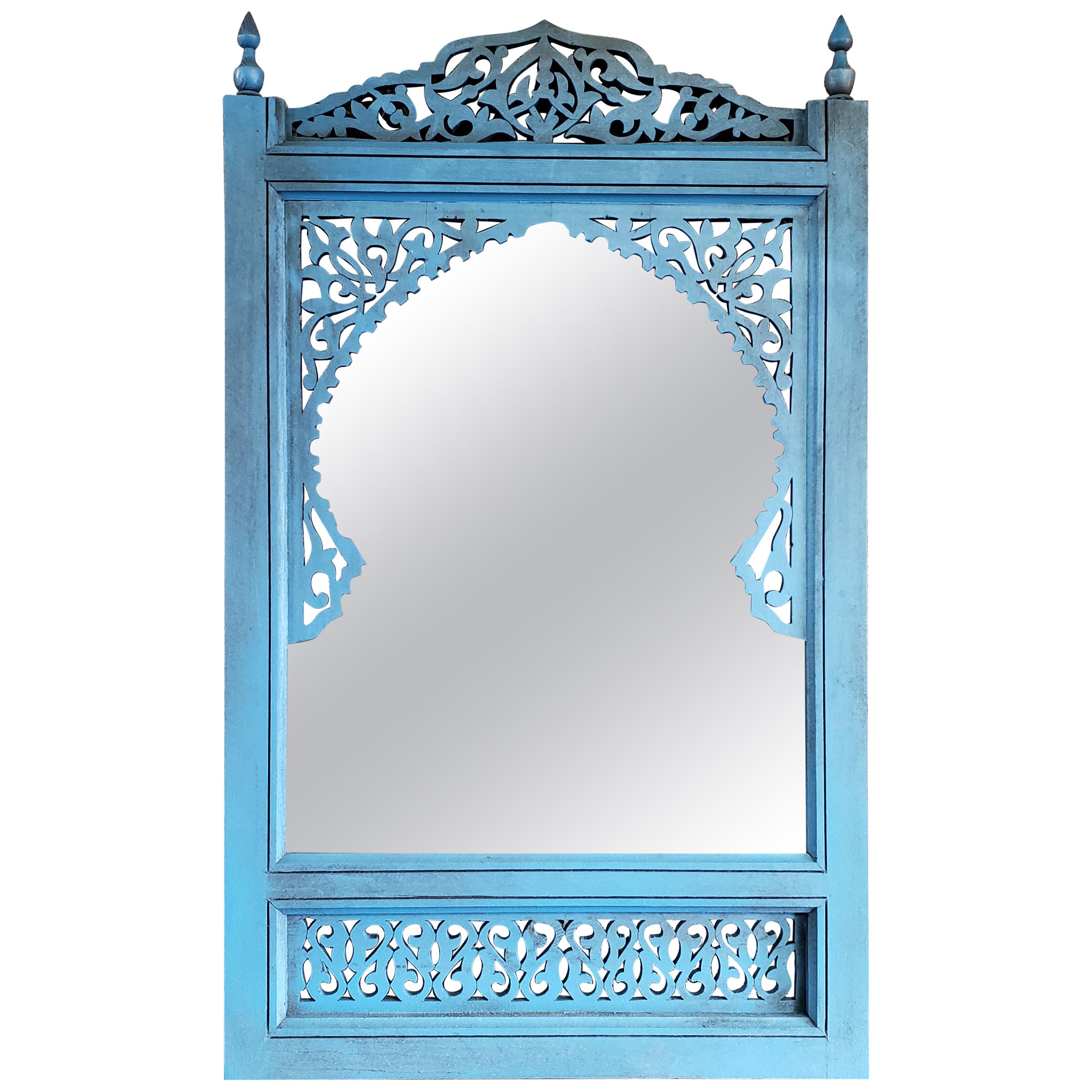 Moroccan Hand Carved Wooden Mirror, Blue For Sale