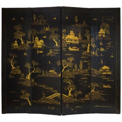 20th Century Four-Panel Chinoiserie Gilt Painted Folding Screen