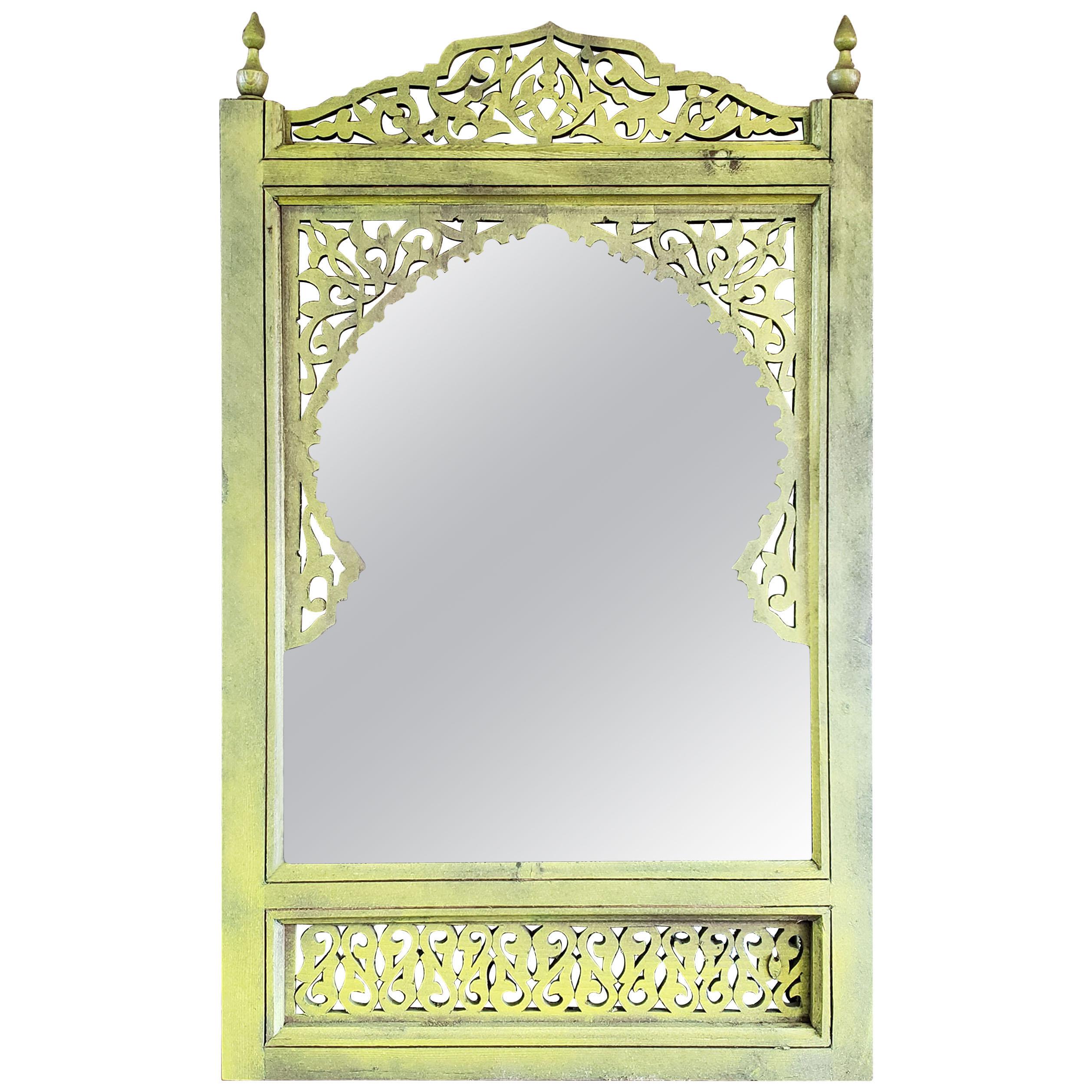 Moroccan Hand Carved Wooden Mirror, Yellow For Sale