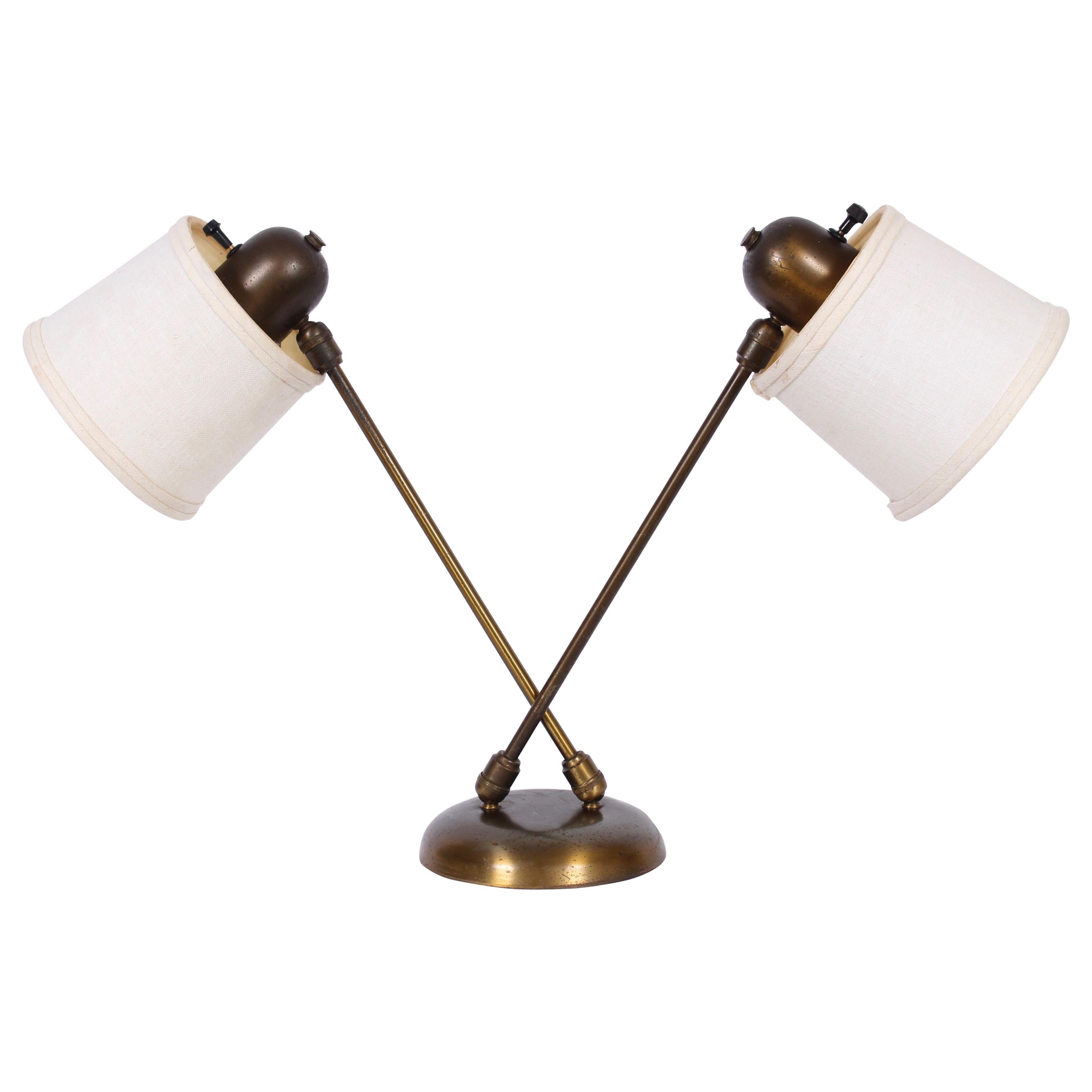 David Wurster Double Head Brass Desk Lamp with Barrel Shades, C. 1950 For Sale