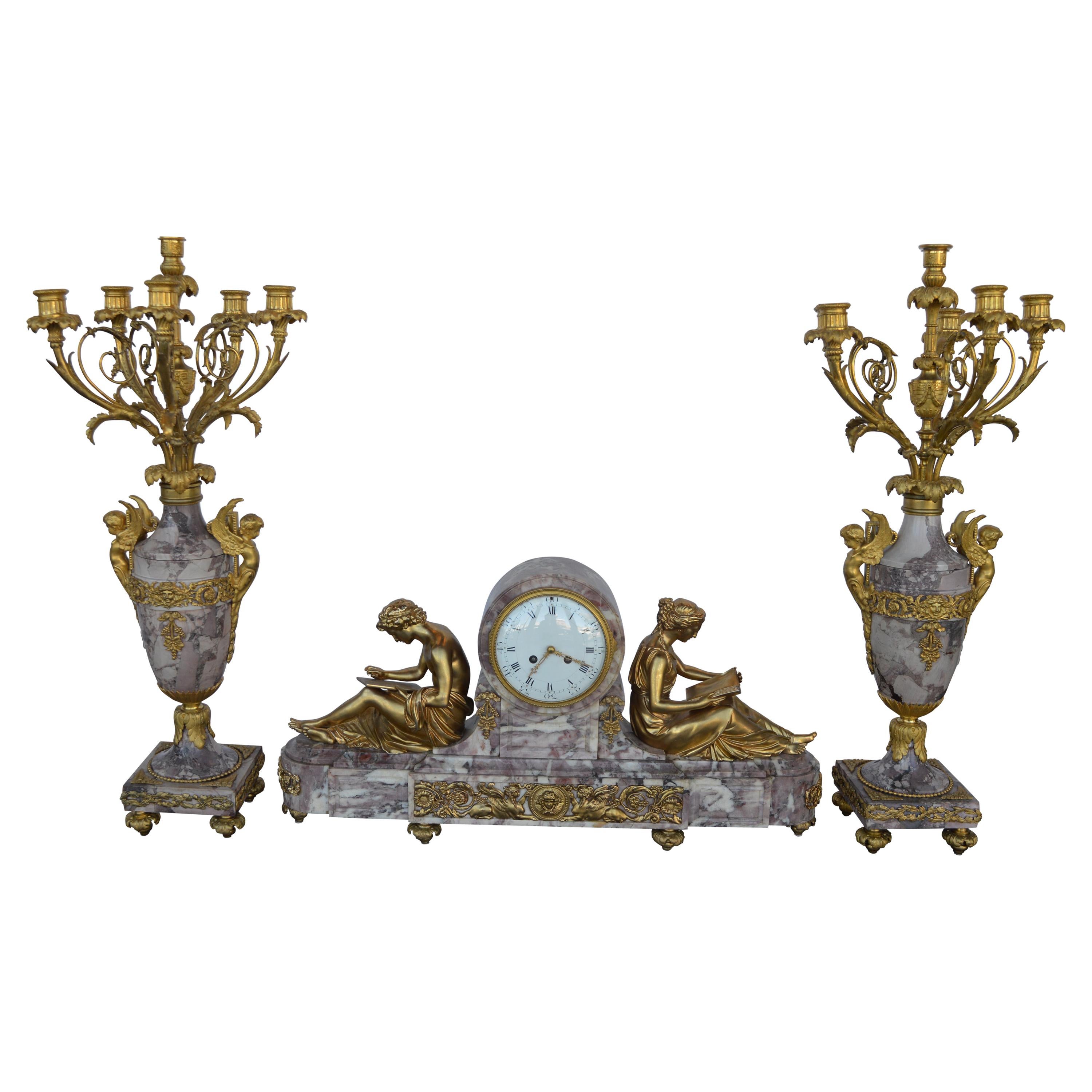 19th Century Gilt Bronze Ormolu and Marble Clock Set