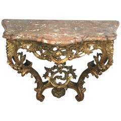 French 18th Century Giltwood Console Table with Red Marble Top, Louis XV Period