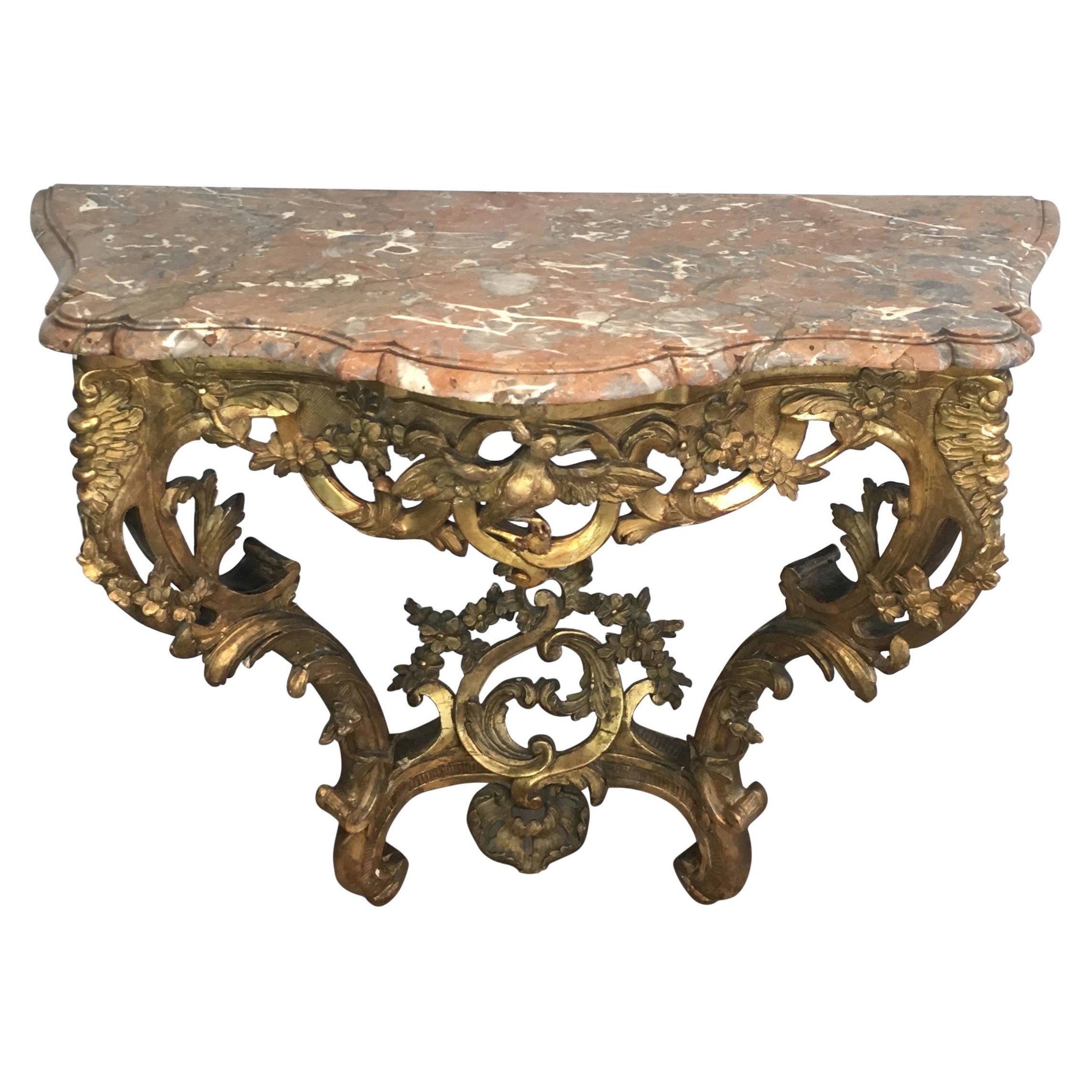 French 18th Century Giltwood Console Table with Red Marble Top, Louis XV Period