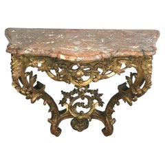 Tavolo da console francese del XVIII secolo in legno dorato con piano in marmo rosso, periodo Luigi XV