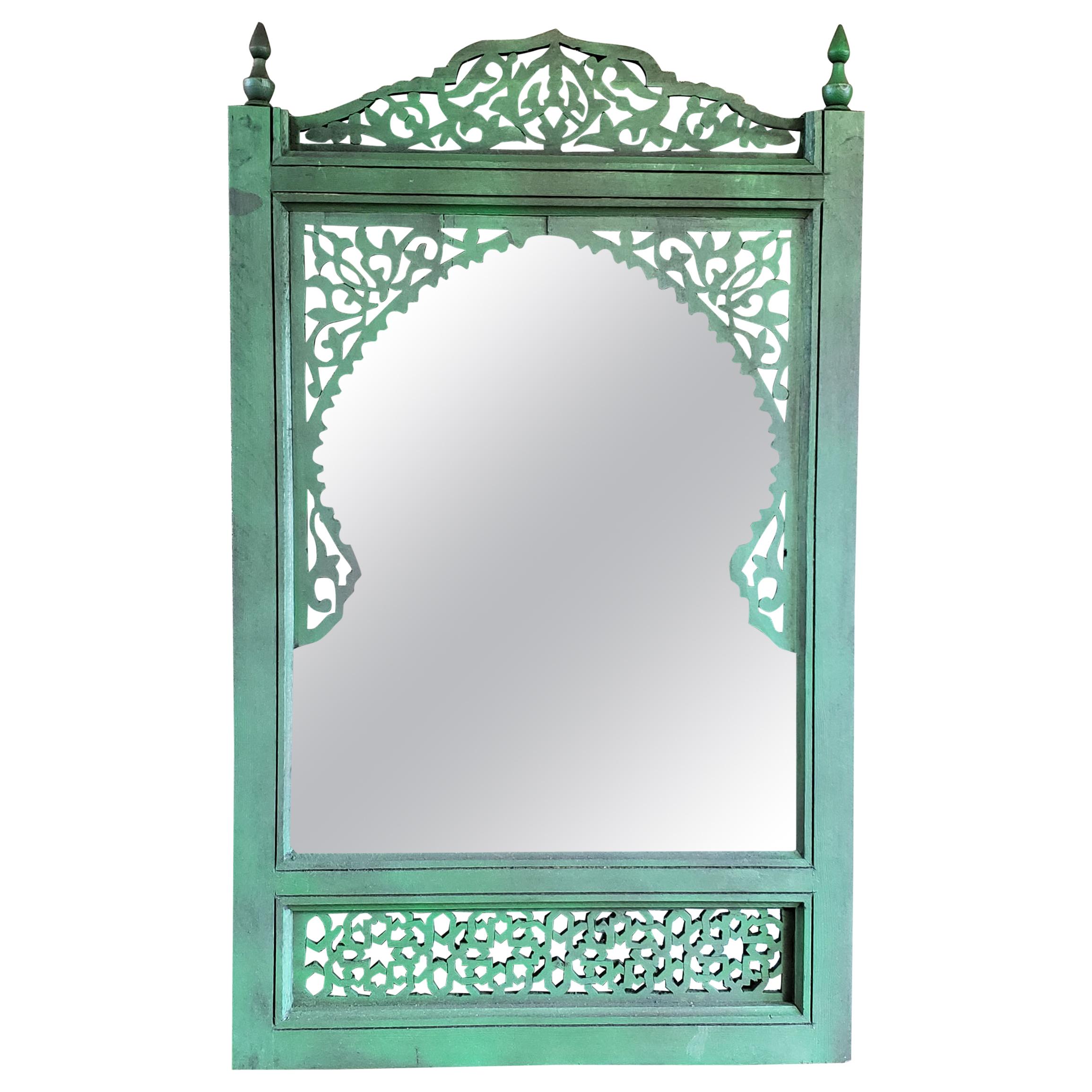 Moroccan Hand Carved Wooden Mirror, Green For Sale