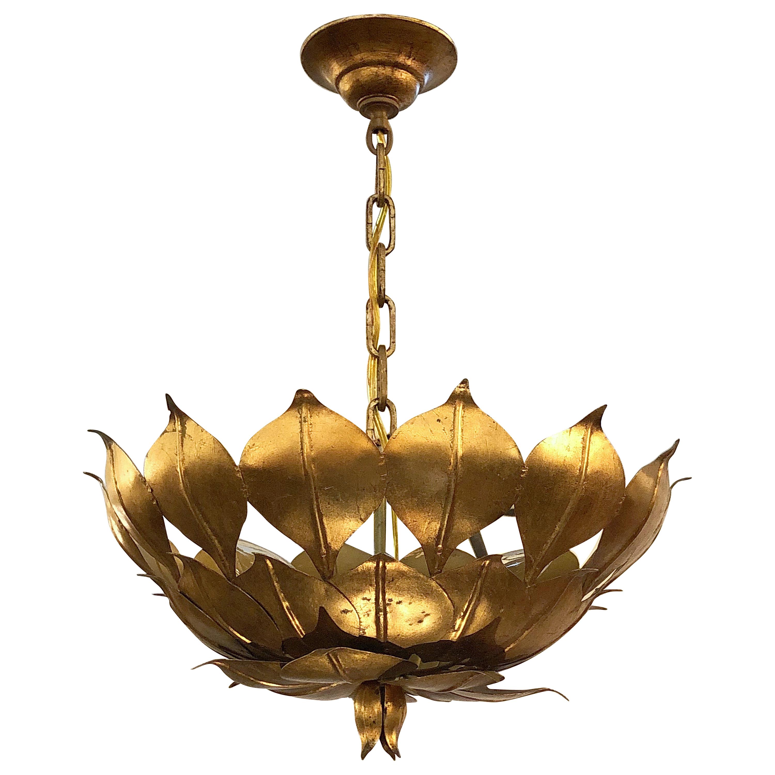 French Gilt Three-Light Hanging Fixture with Lotus or Leaf Design (18" Diameter)