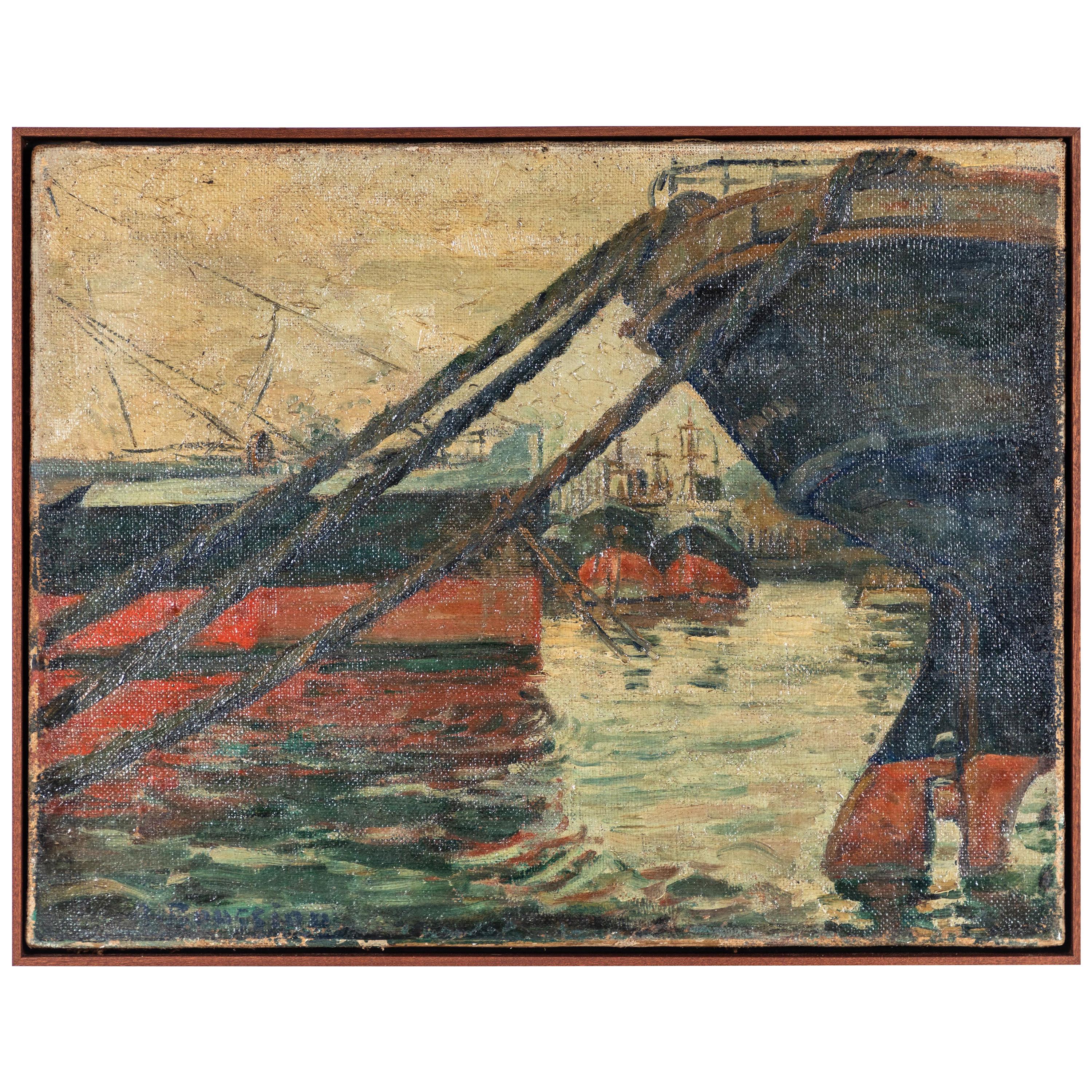 French Dock Scene Painting of Boats