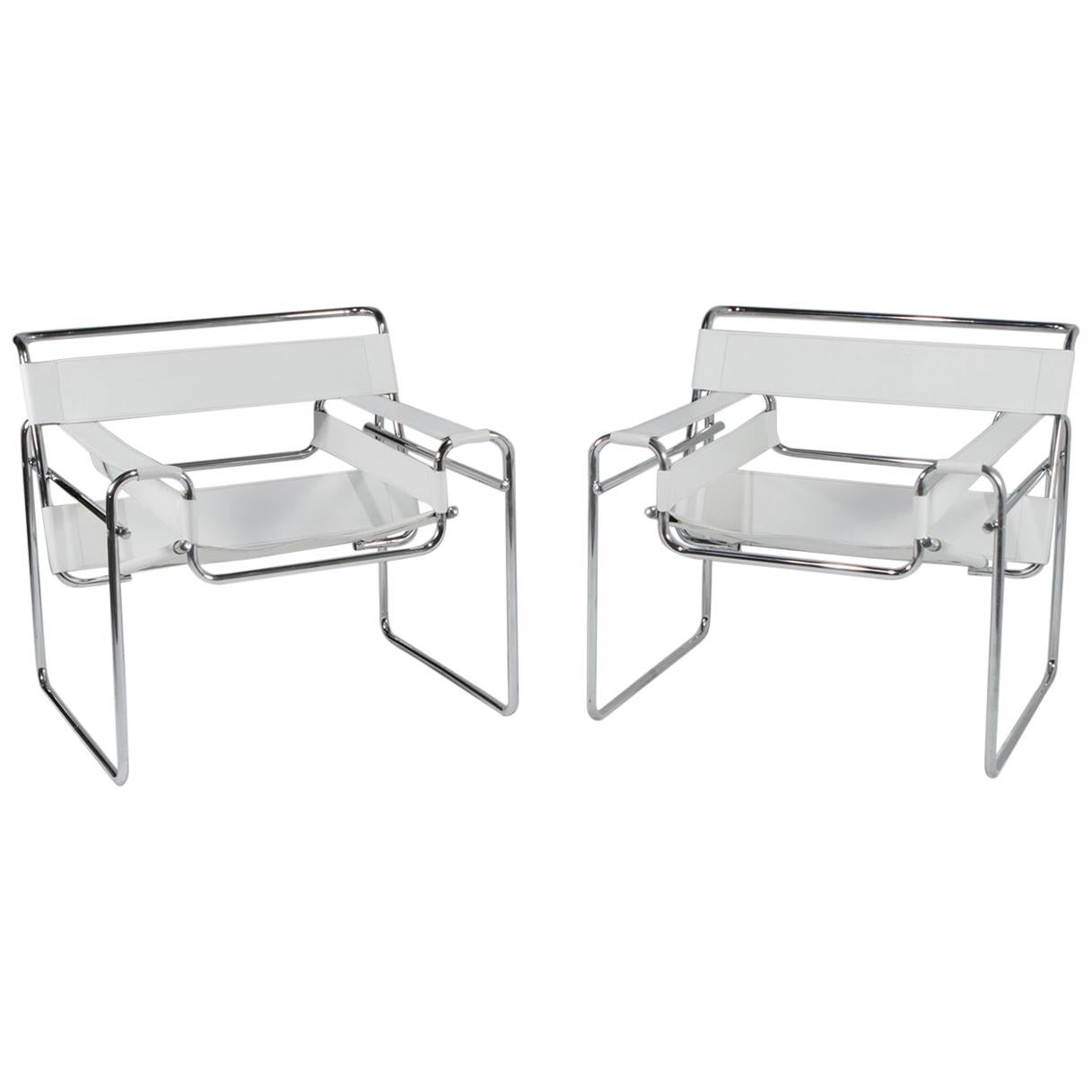Pair of Hollywood White Leather and Chrome Wassily Style Club Chairs