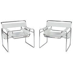 Pair of Hollywood White Leather and Chrome Wassily Style Club Chairs