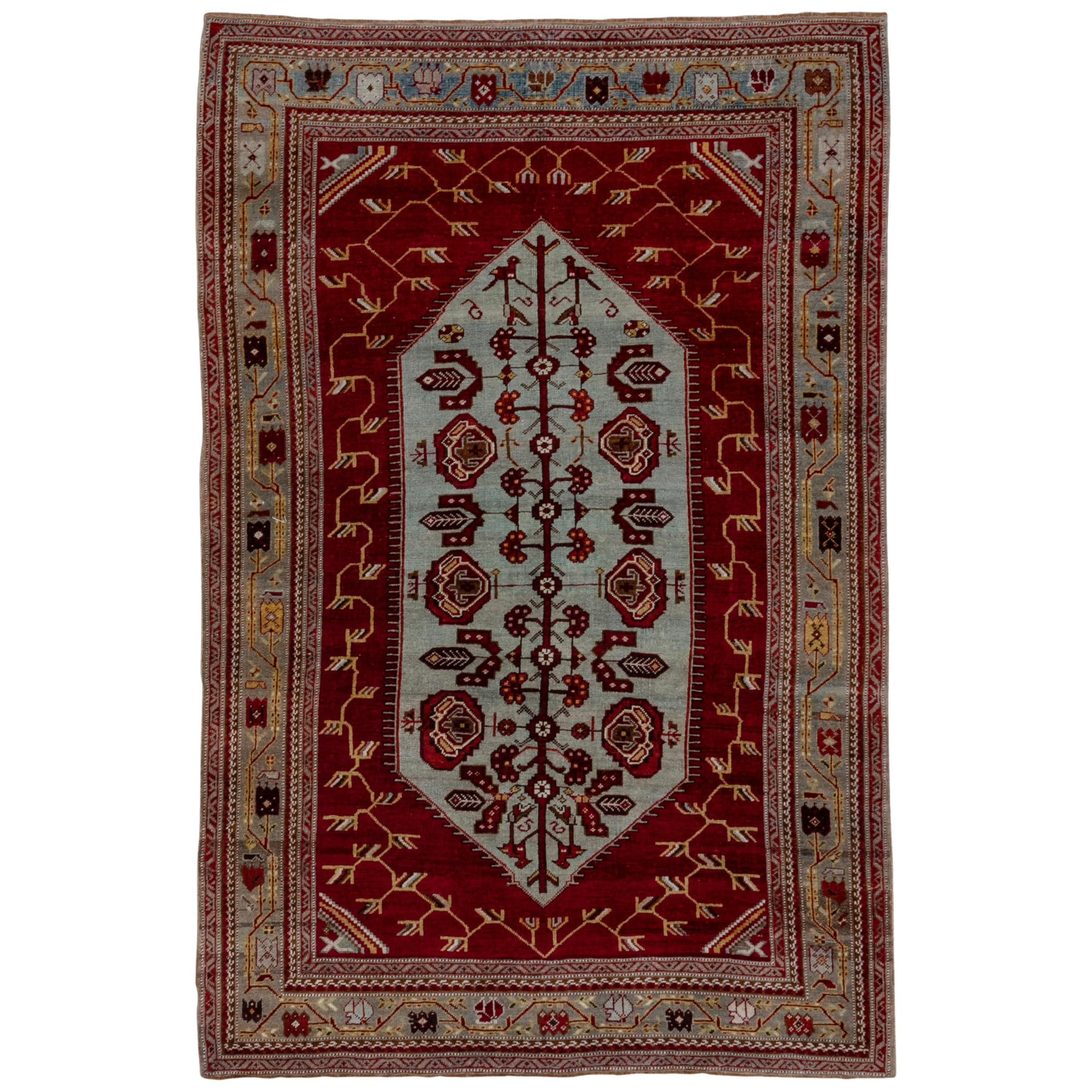 Antique Turkish Colorful Oushak Rug, Light Blue and Red Field