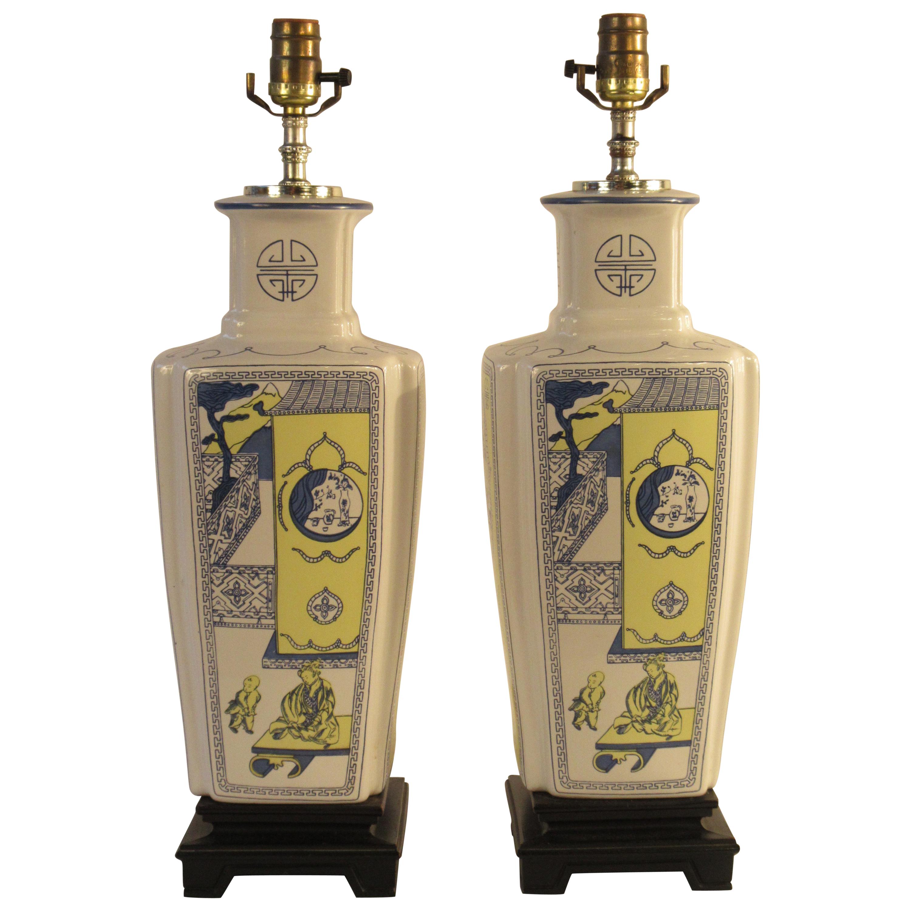 Pair of 1960s Asian Ceramic Lamps on Wood Base For Sale