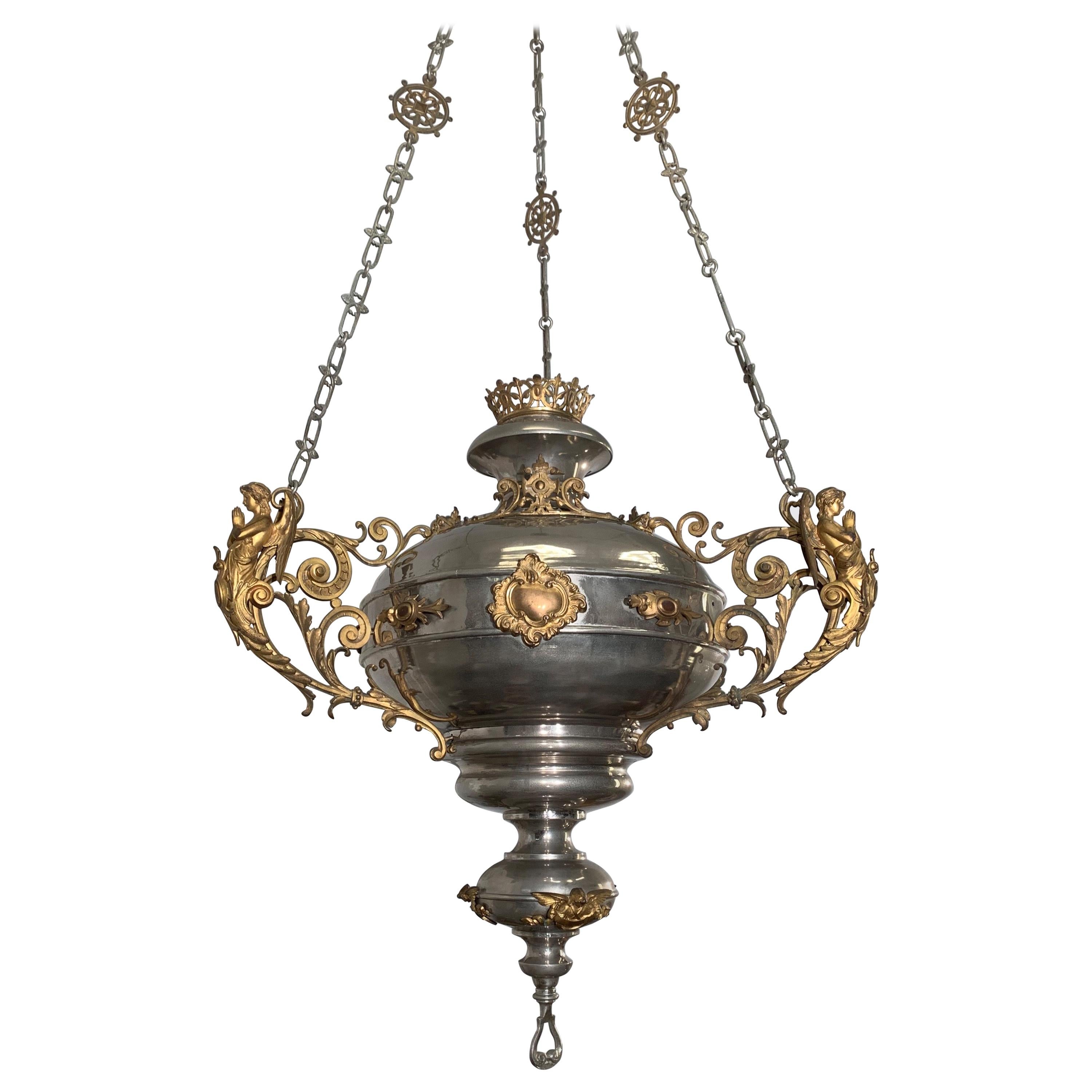 Large Silvered & Gilt Bronze Gothic Revival Sanctuary Lamp with Angels in Prayer For Sale