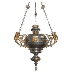 Large Silvered & Gilt Bronze Gothic Revival Sanctuary Lamp with Angels in Prayer