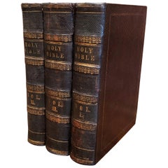 19th Century English Leather Bound and Gilt Holy Family Bible, Three Volumes