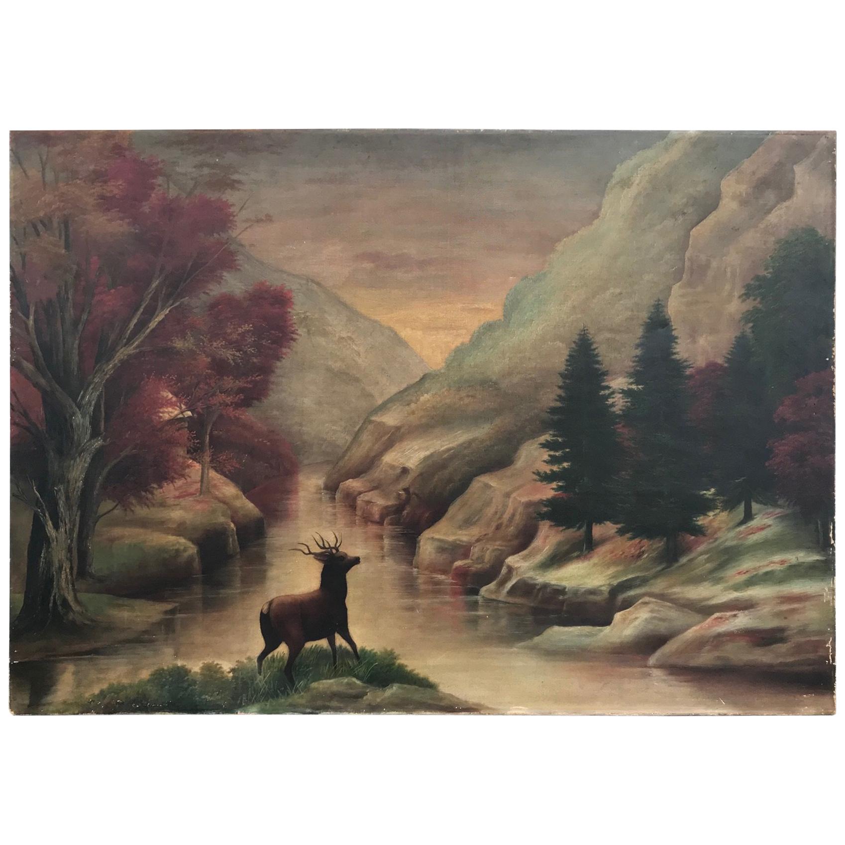 19th Century American School Landscape Painting, Oil on Canvas