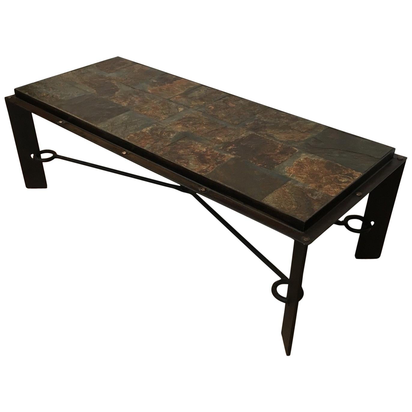 Rare Steel and Iron Coffee Table with Lava Stone Top, circa 1940