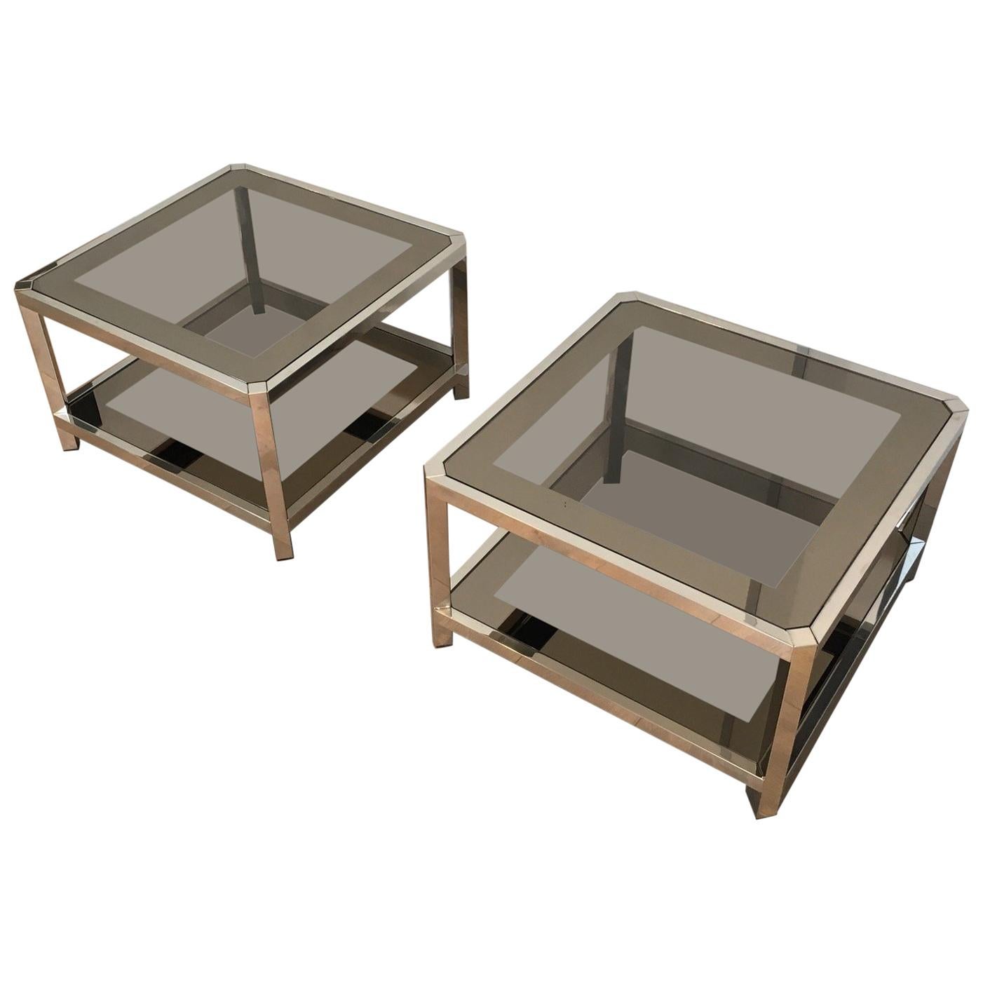 Pair of Large Octogonal Chromed Side Tables with Bronze Glass Tops, circa 1970